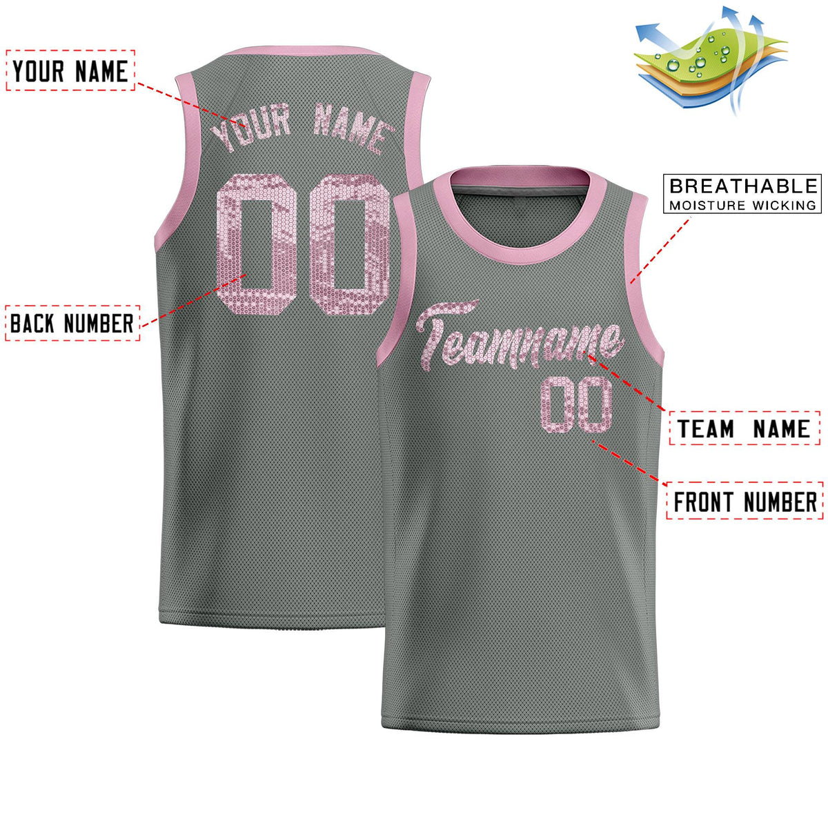 Custom Gray Sequined Tops Athletic Basketball Jersey