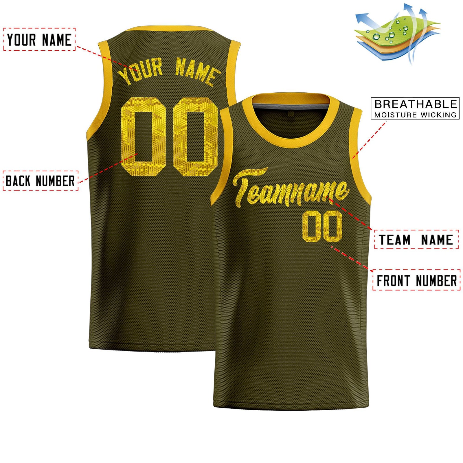 Custom Olive Sequined Tops Athletic Basketball Jersey