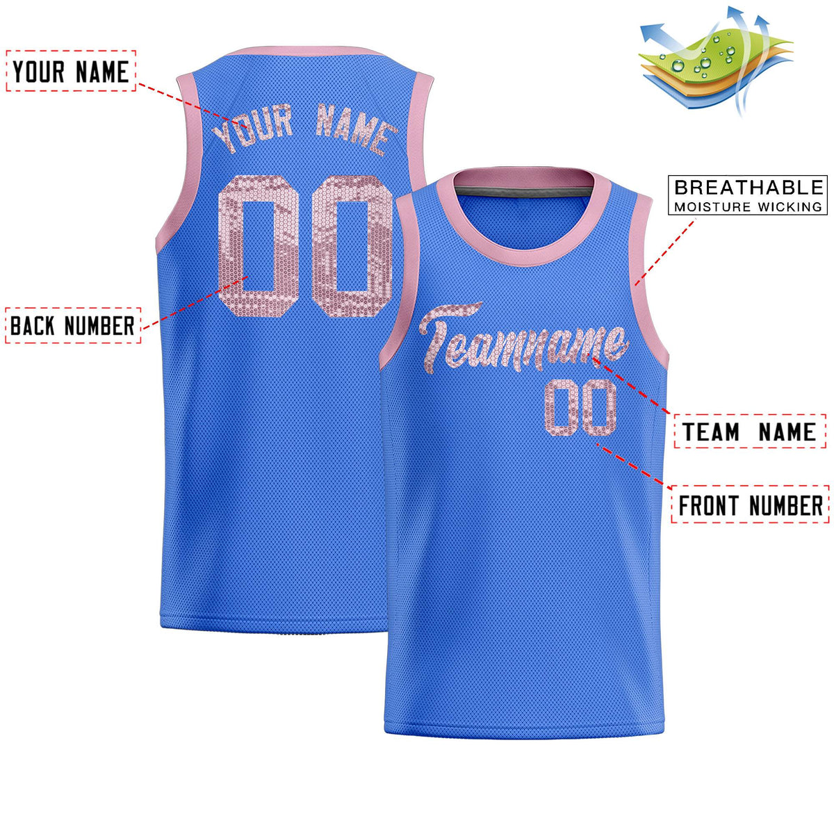 Custom Powder Blue Sequined Tops Athletic Basketball Jersey
