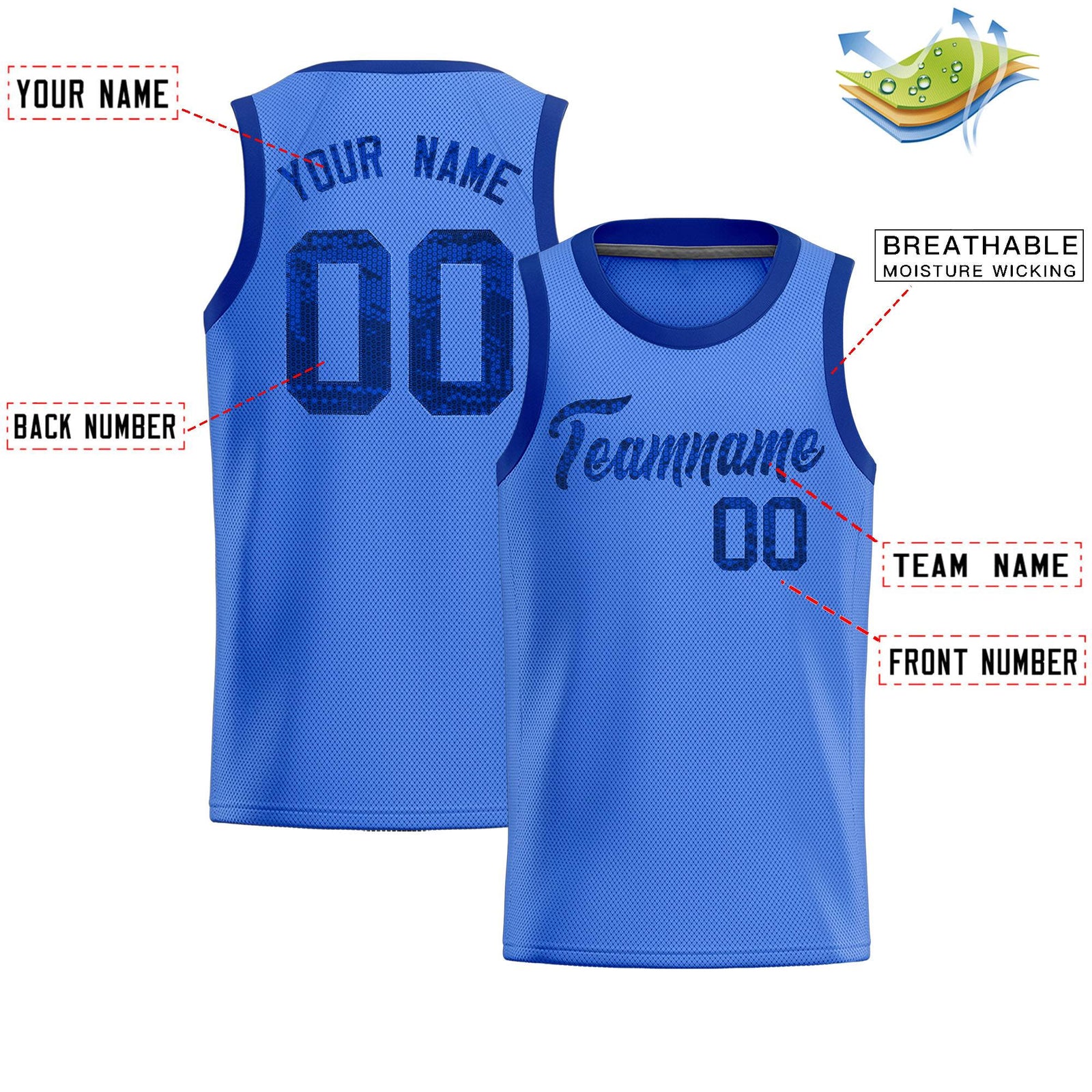 Custom Powder Blue Sequined Tops Athletic Basketball Jersey