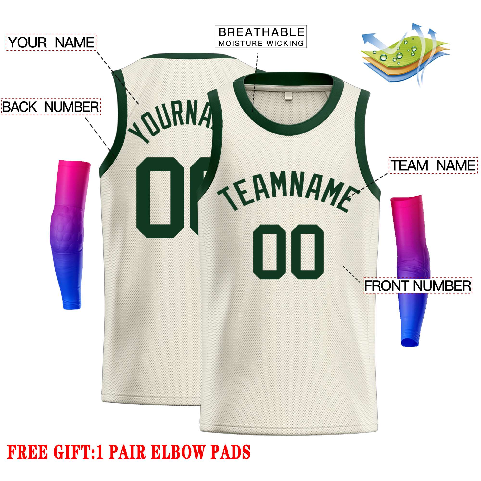 Custom Cream Green Classic Tops Casual Basketball Jersey