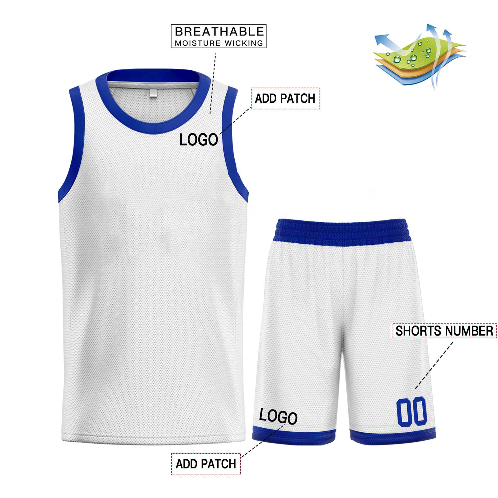 Custom Logo/Text White Royal-Classic Sets Curved Basketball Jersey