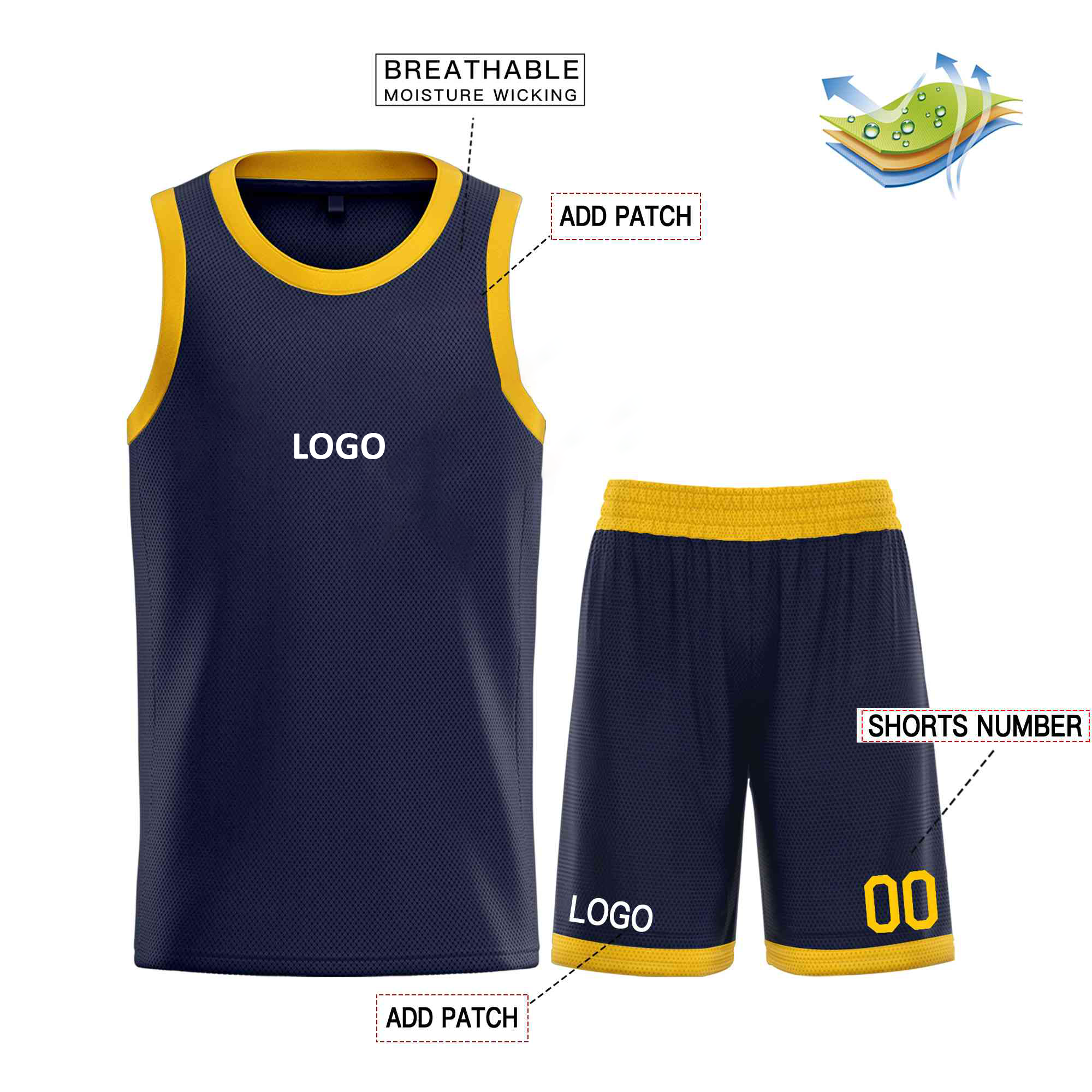 Custom Logo/Text Navy Yellow Classic Sets Sports Uniform Basketball Jersey