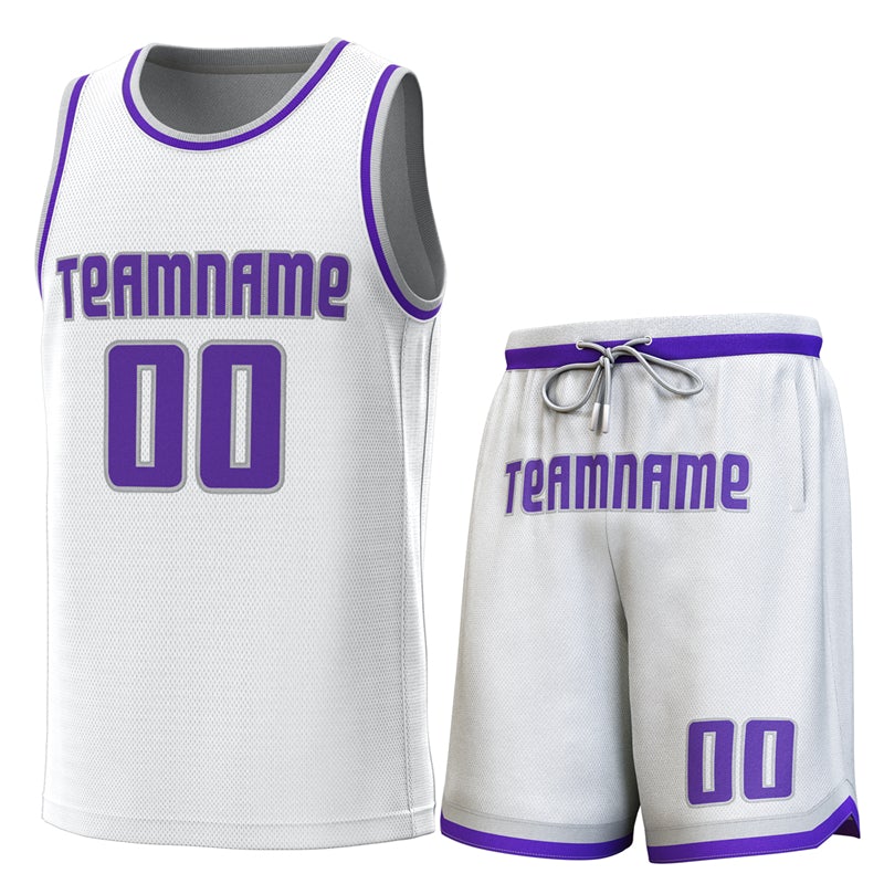 Custom White Gray-Purple Classic Sets Basketball Jersey