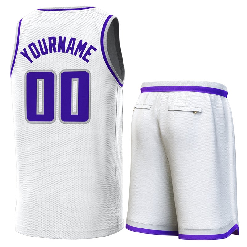 Custom White Gray-Purple Classic Sets Basketball Jersey