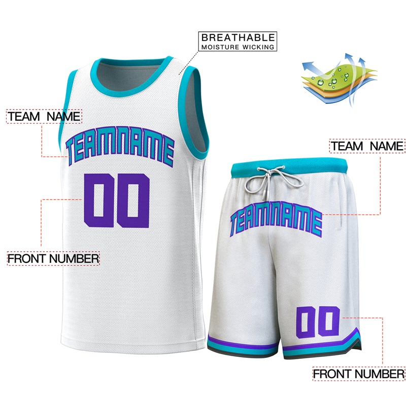 Custom White Teal Classic Sets Basketball Jersey