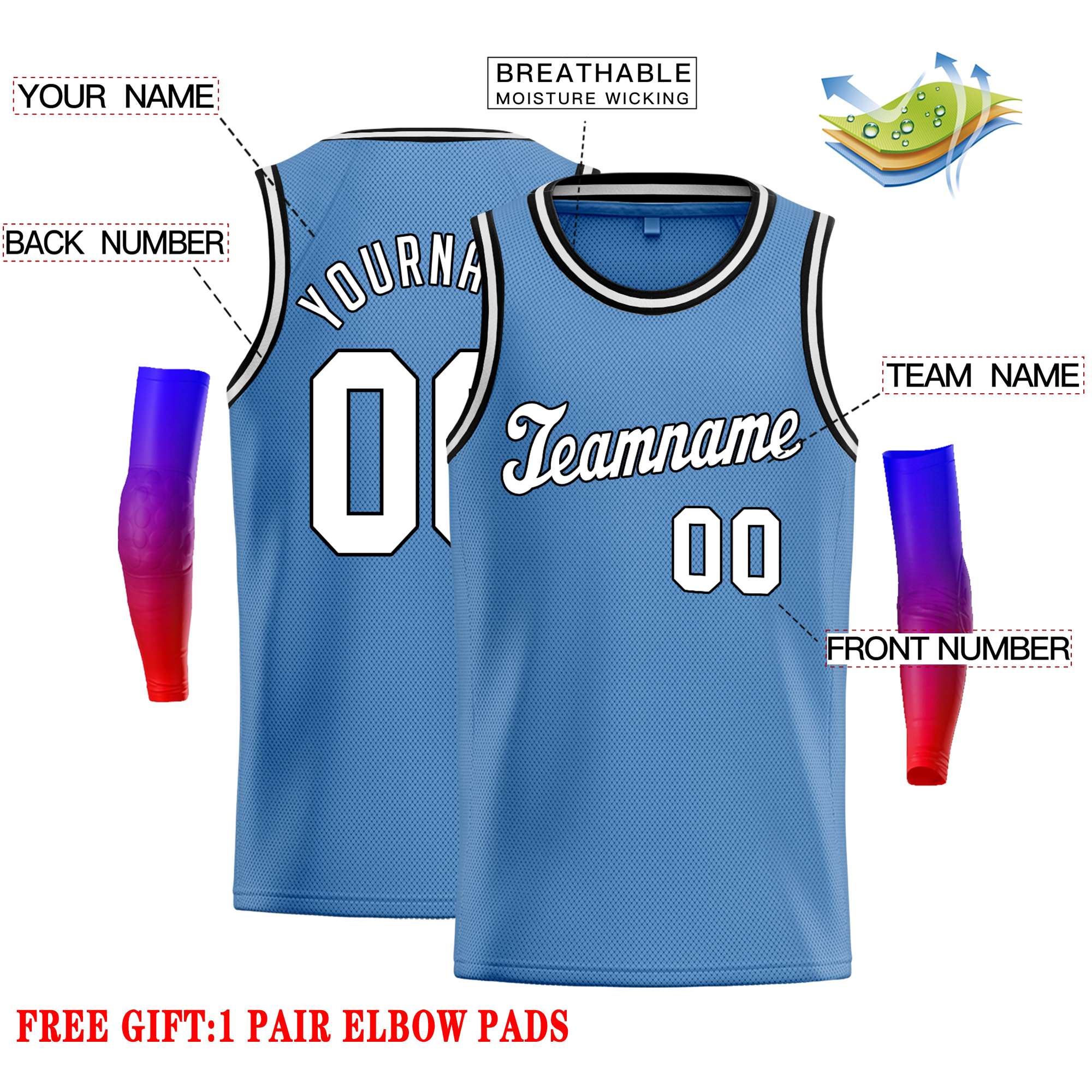 Custom Light Blue White-Black Classic Tops Casual Basketball Jersey
