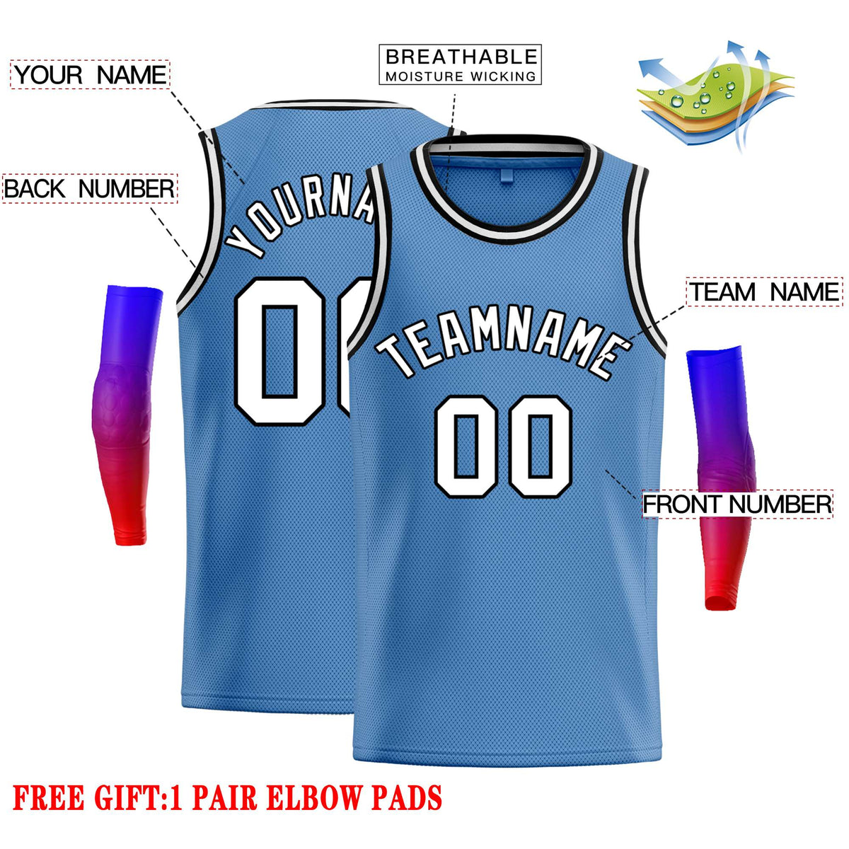 Custom Light Blue White-Black Classic Tops Casual Basketball Jersey