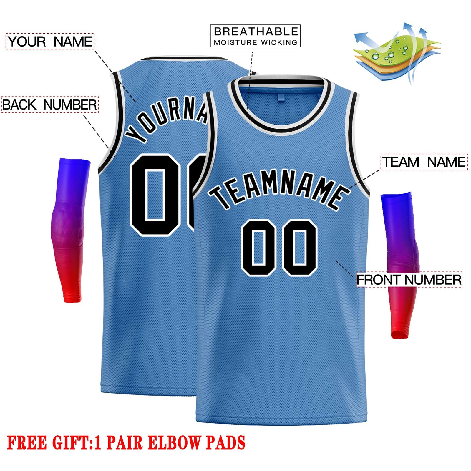 Custom Light Blue Black-White Classic Tops Casual Basketball Jersey