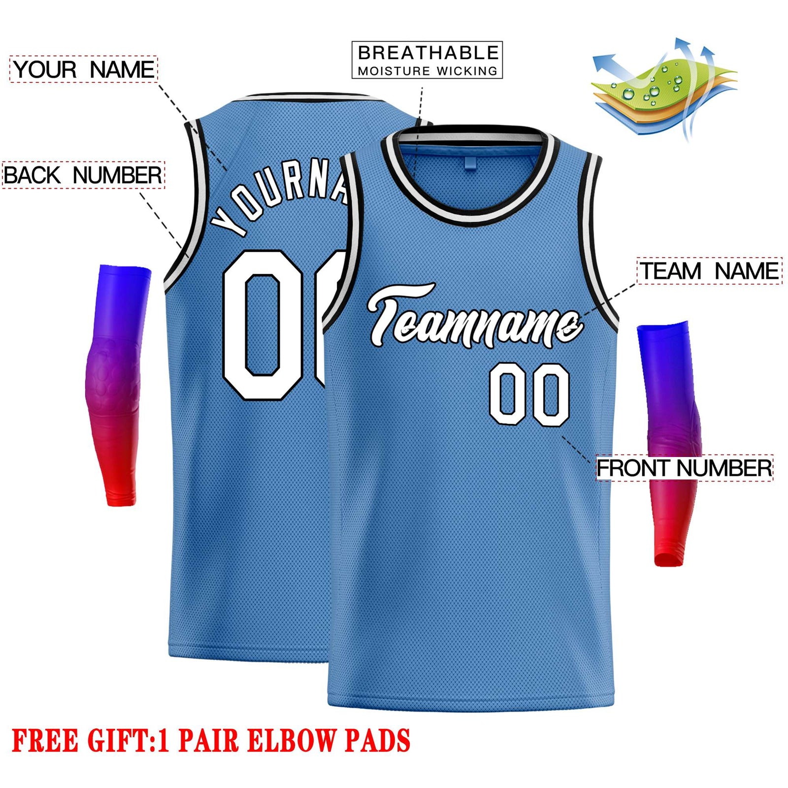 Custom Light Blue White-Black Classic Tops Casual Basketball Jersey