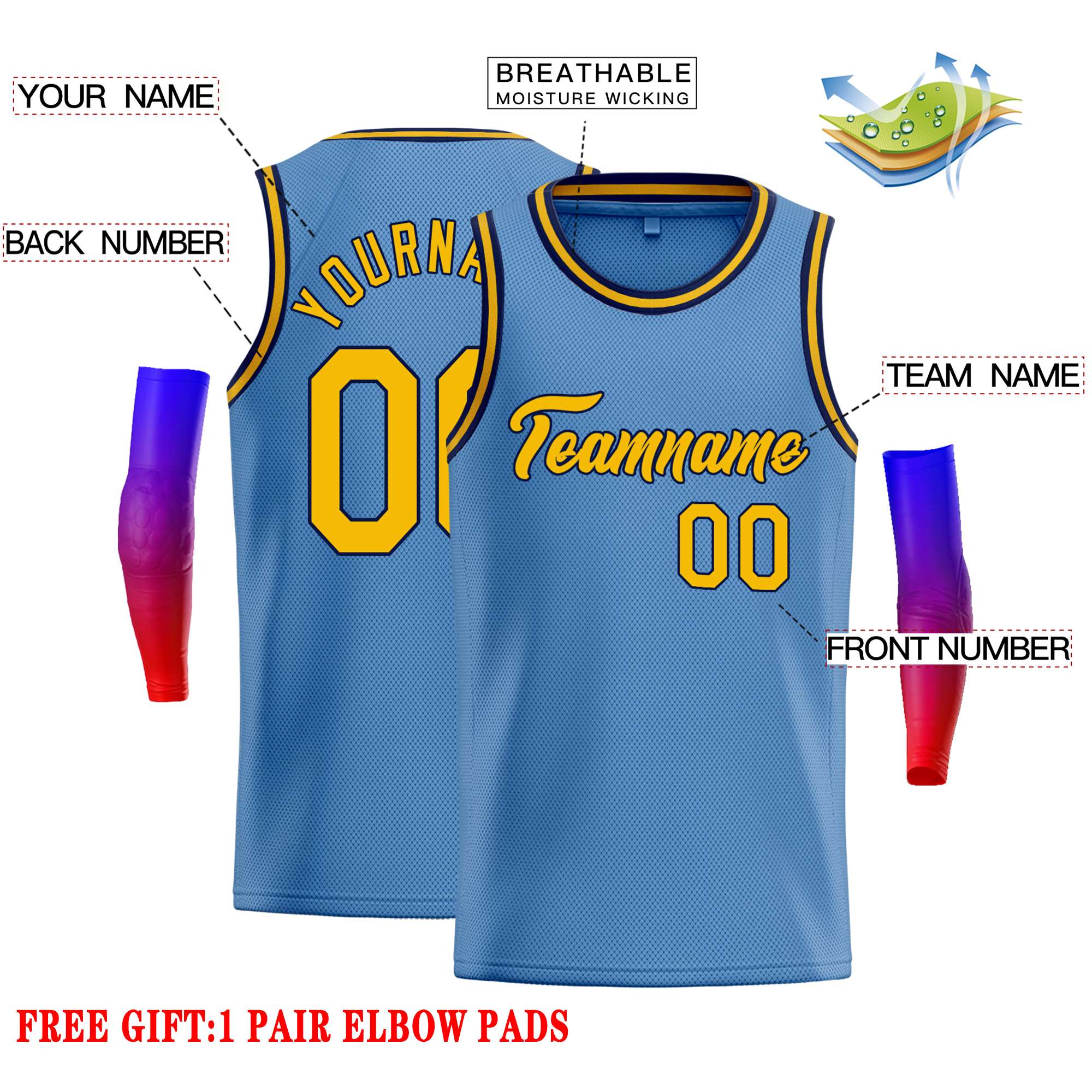 Custom Light Blue Yellow-Navy Classic Tops Casual Basketball Jersey