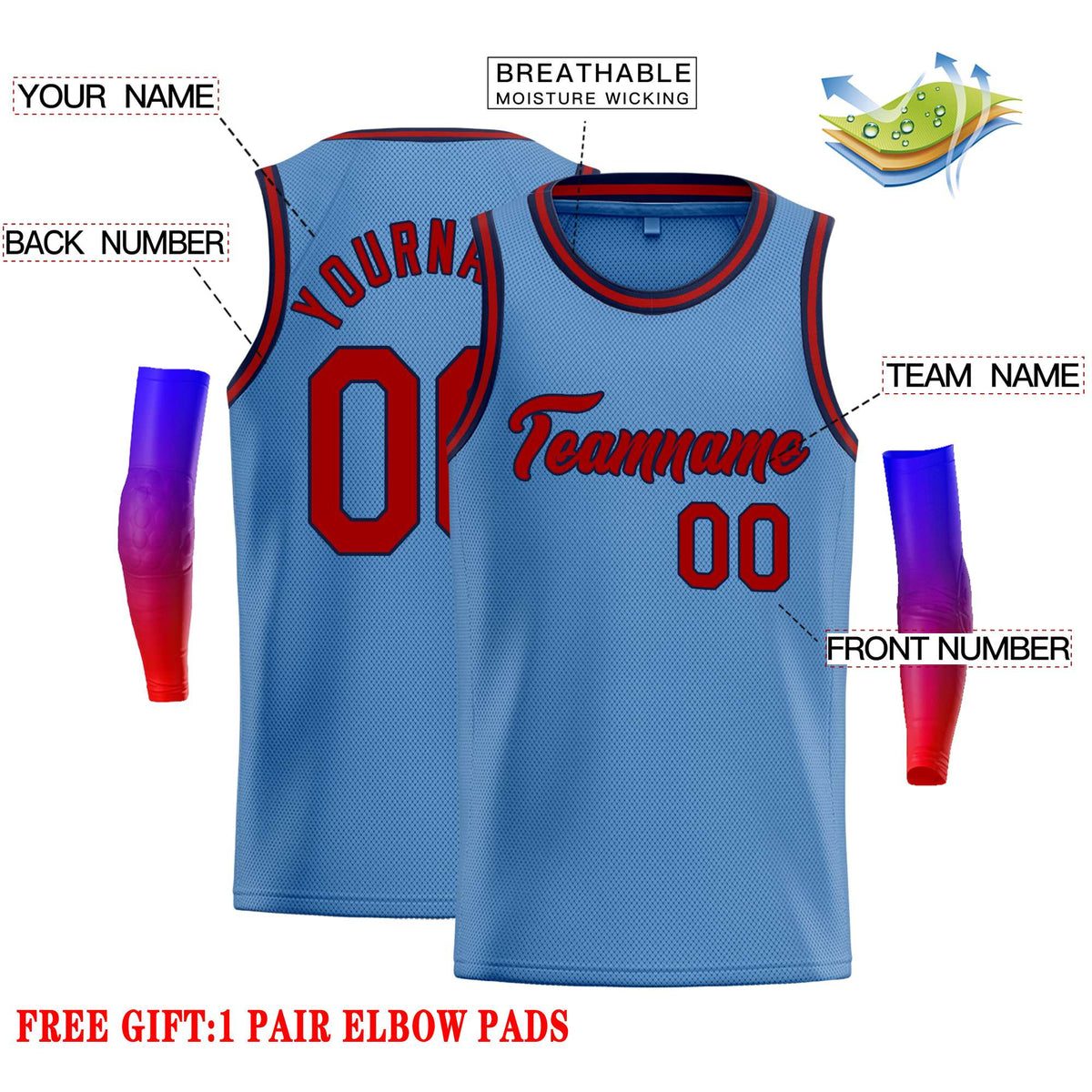 Custom Light Blue Red-Navy Classic Tops Casual Basketball Jersey
