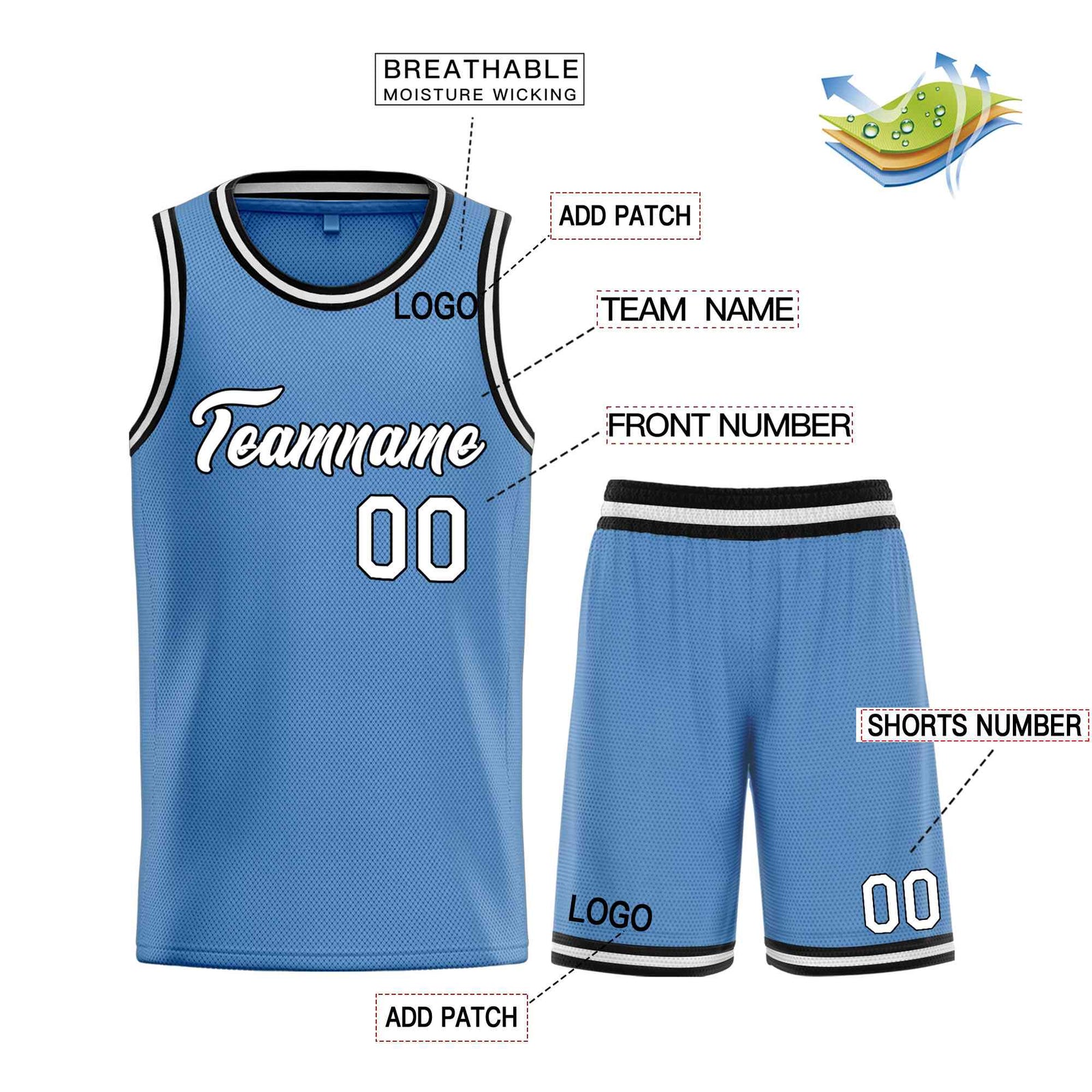 Custom Light Blue White-Black Heal Sports Uniform Classic Sets Basketball Jersey
