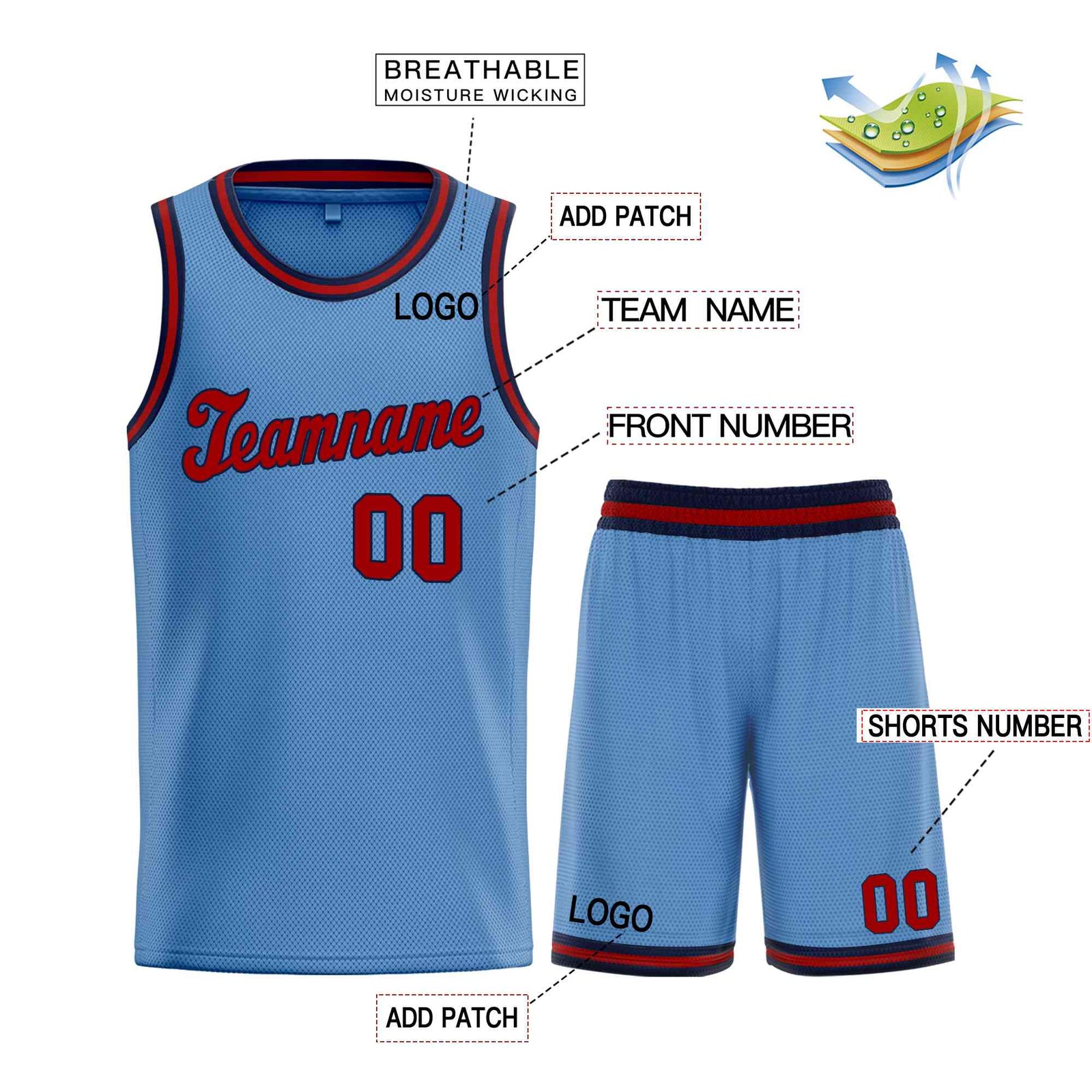 Custom Light Blue Navy-Red Classic Sets Sports Uniform Basketball Jersey