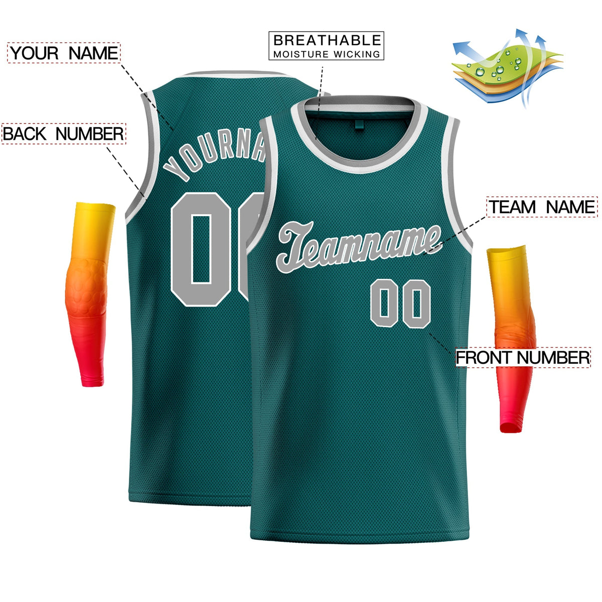 Custom Teal Gray-White Classic Tops Fashion Sportwear Basketball Jersey