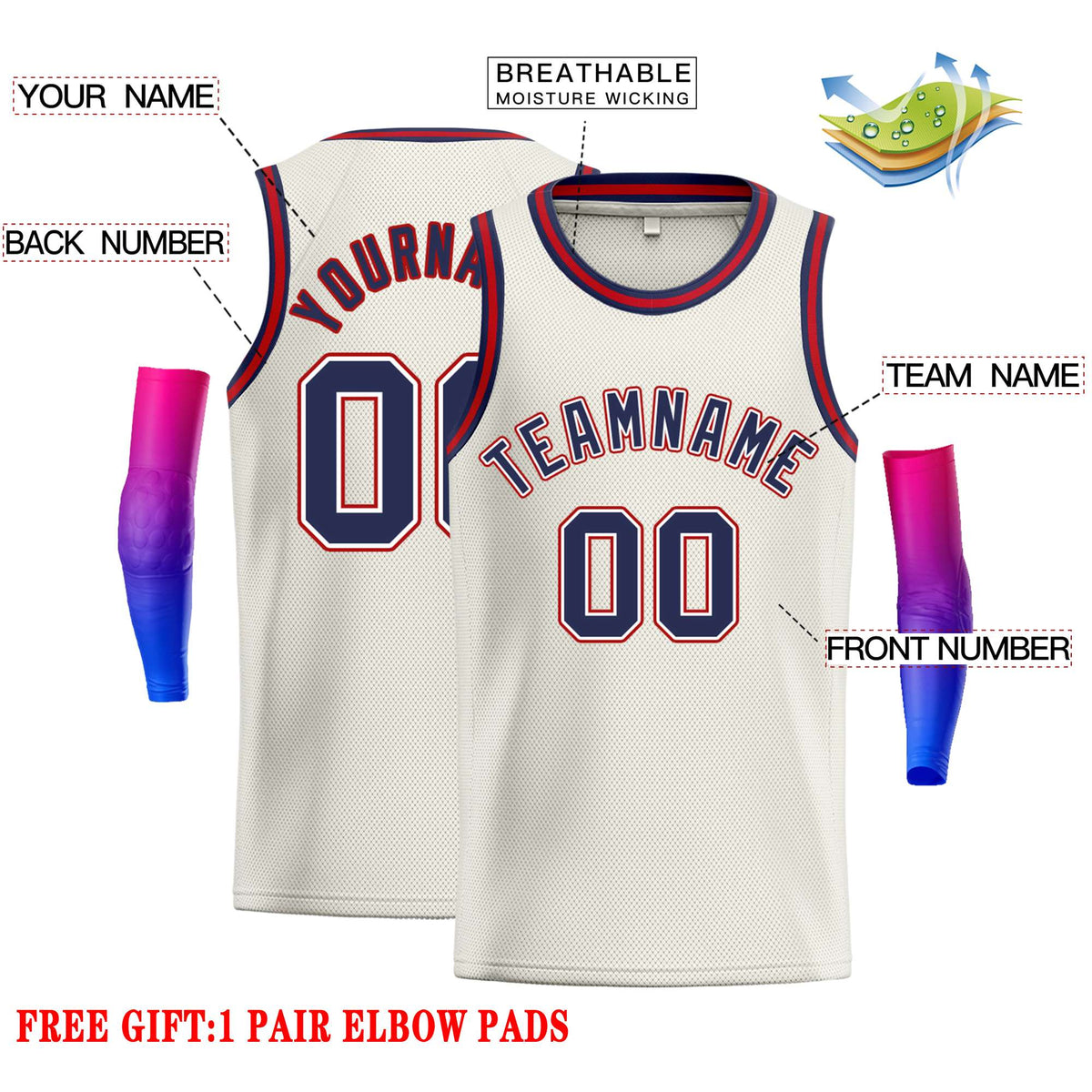 Custom Cream Navy-Red Classic Tops Casual Basketball Jersey