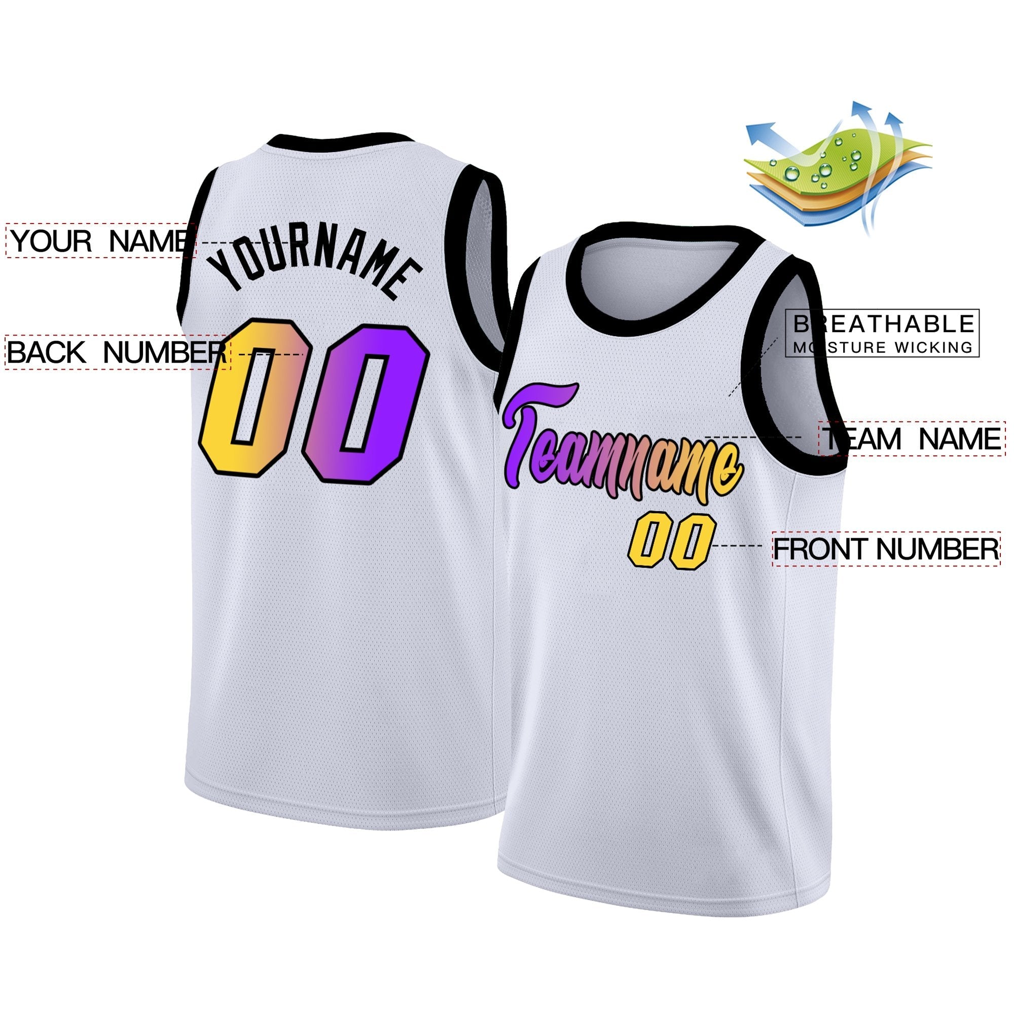 Custom White Yellow Purple Gradient Fashion Tops Basketball Jersey