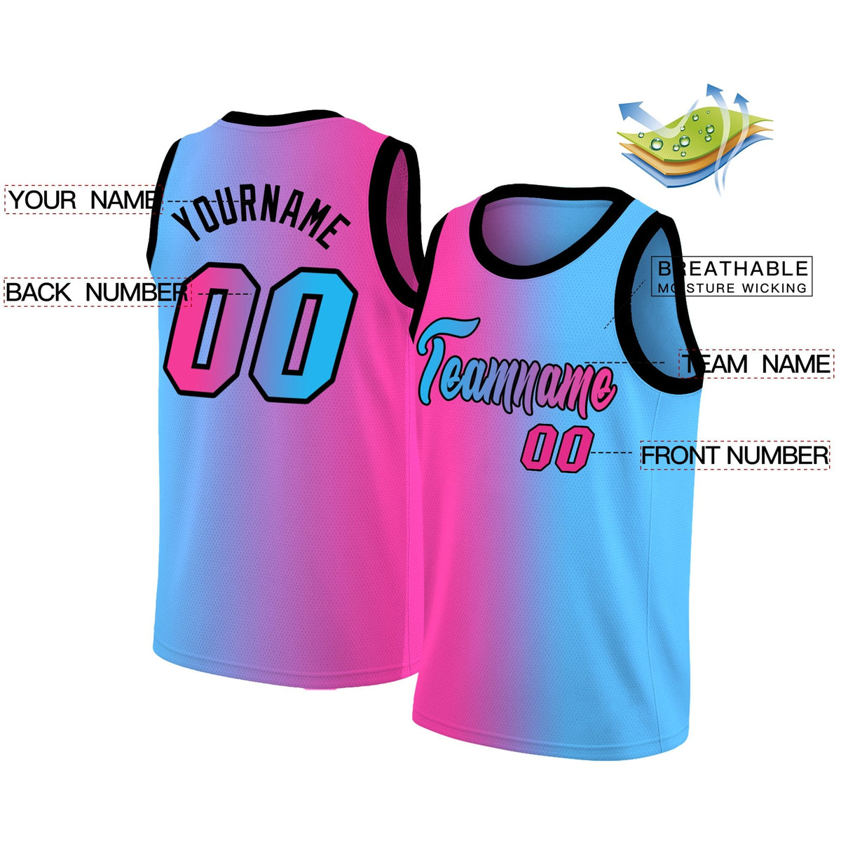 Custom Pink Black-Light Blue Gradient Fashion Tops Basketball Jersey