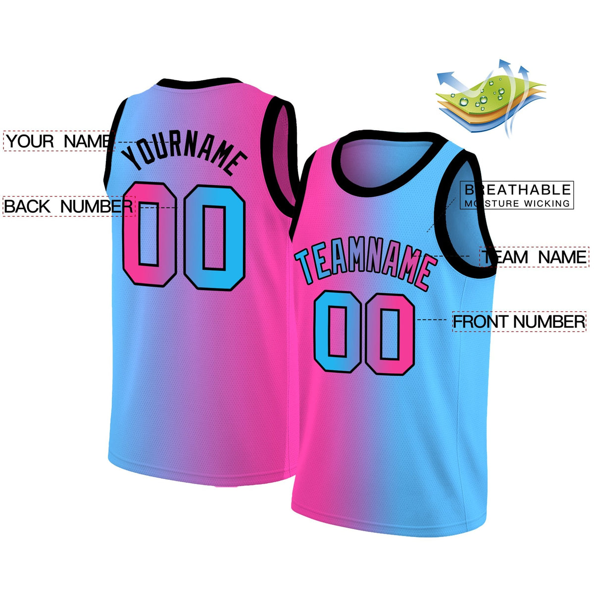 Custom Pink Black-Light Blue Gradient Fashion Tops Basketball Jersey
