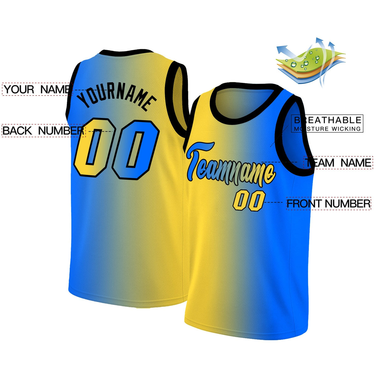 Custom Blue Yellow-Black Gradient Fashion Tops Basketball Jersey