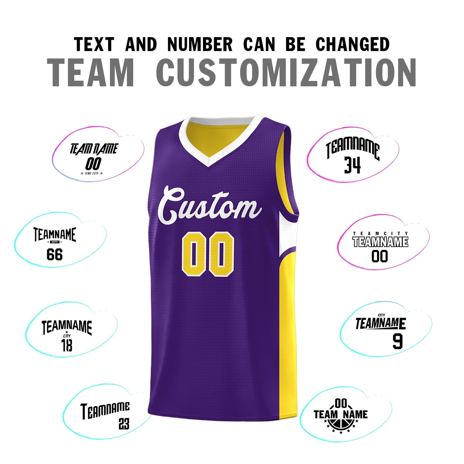 Custom Purple Gold Side U-shaped Patttern Double Side Sports Uniform Basketball Jersey