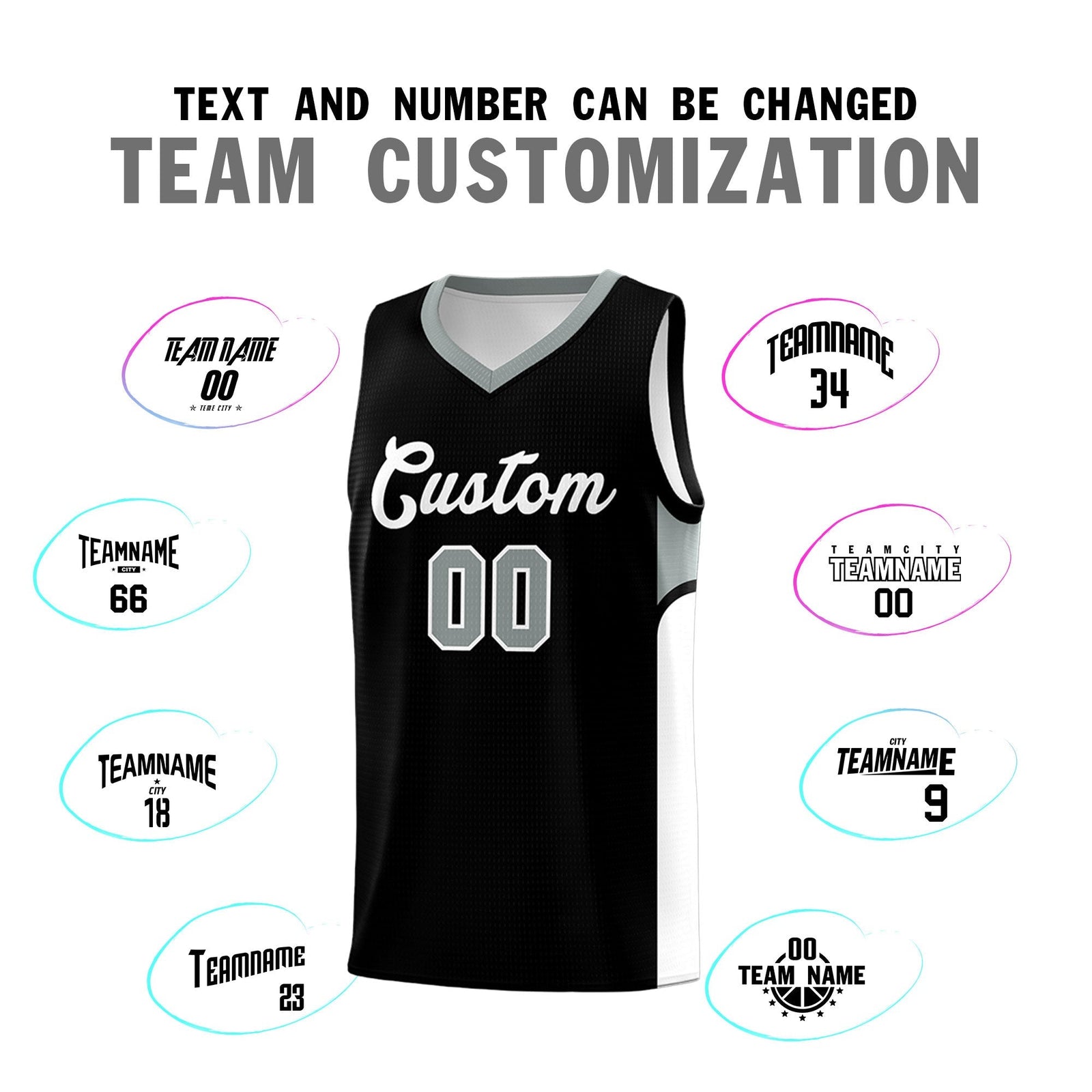 Custom Black White Side U-shaped Patttern Double Side Sports Uniform Basketball Jersey