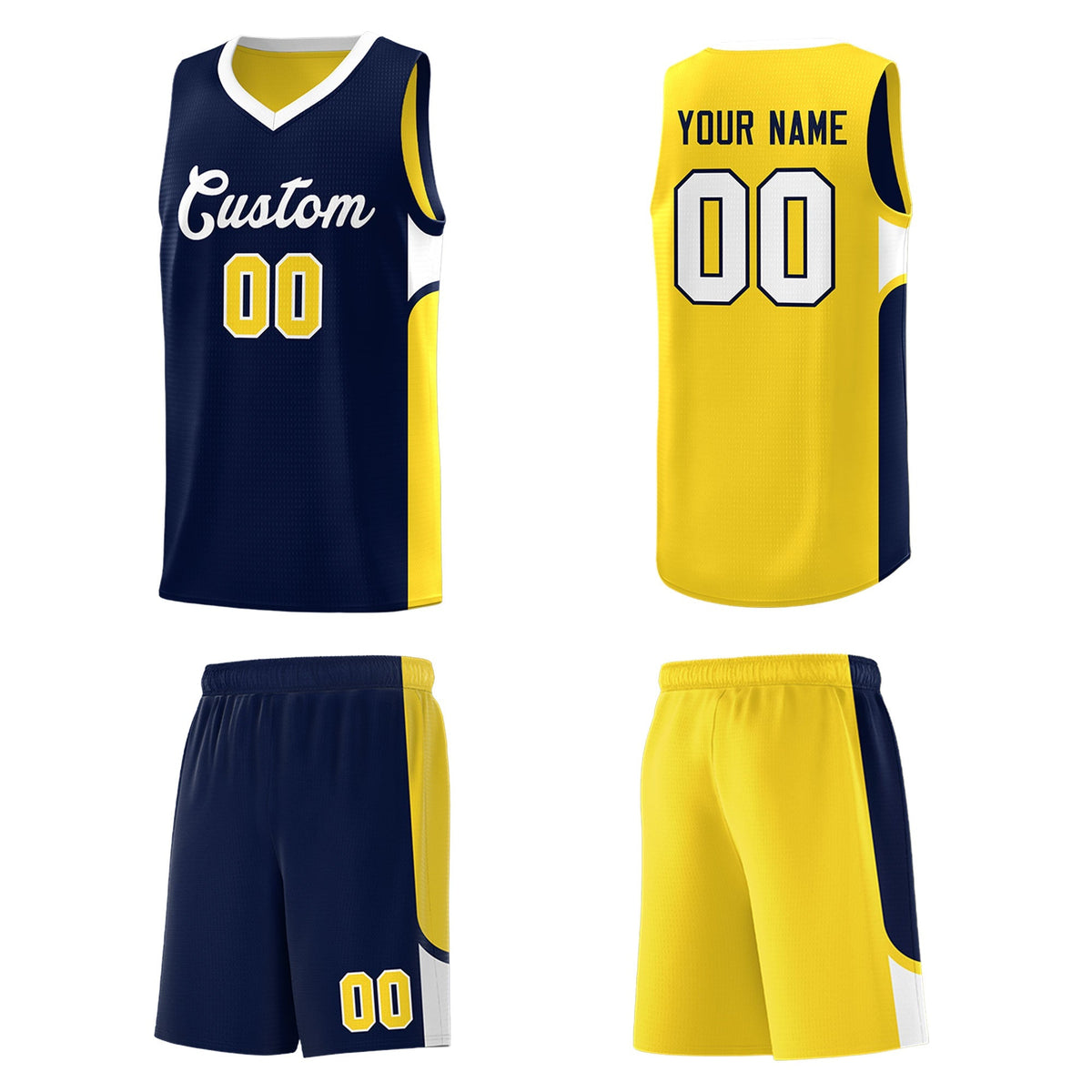 Custom Navy Gold Side U-shaped Patttern Double Side Sports Uniform Basketball Jersey