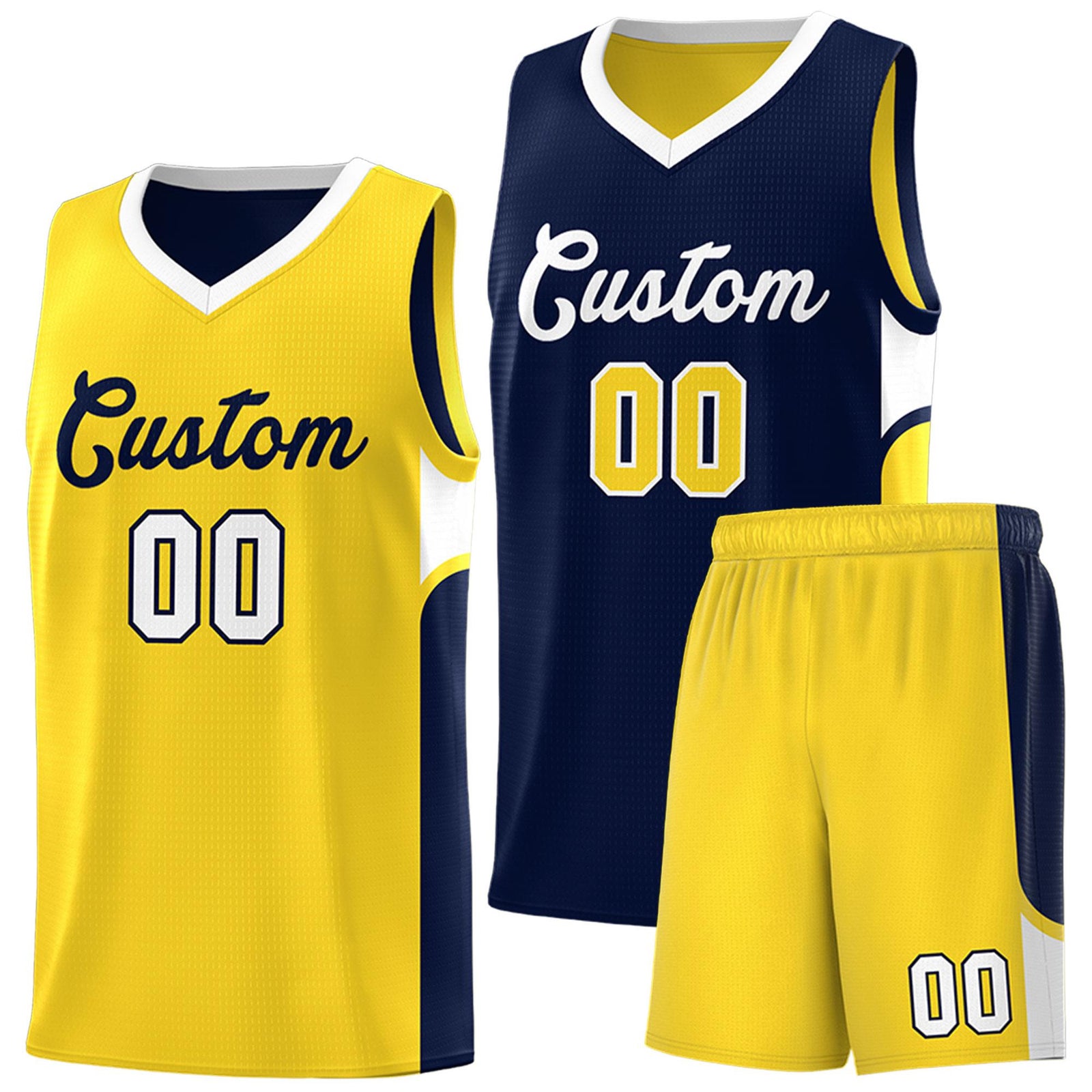 Custom Navy Gold Side U-shaped Patttern Double Side Sports Uniform Basketball Jersey