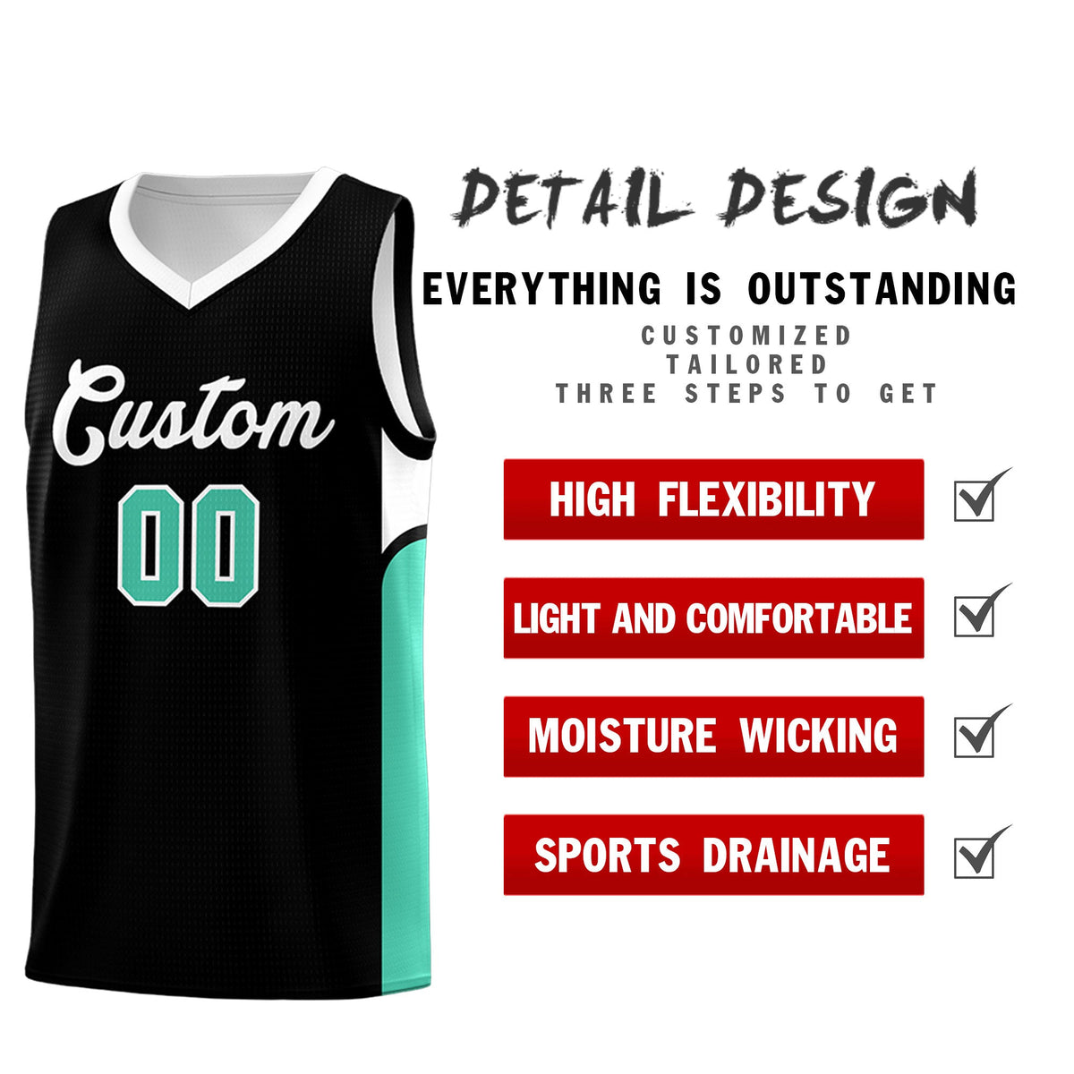 Custom Black White Side U-shaped Patttern Double Side Sports Uniform Basketball Jersey