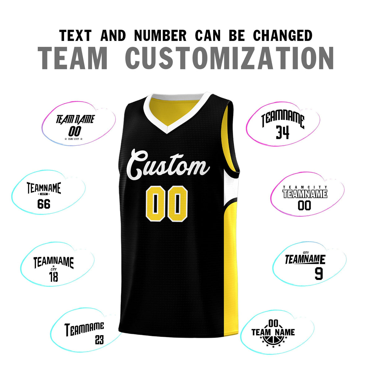 Custom Black Gold Side U-shaped Patttern Double Side Sports Uniform Basketball Jersey
