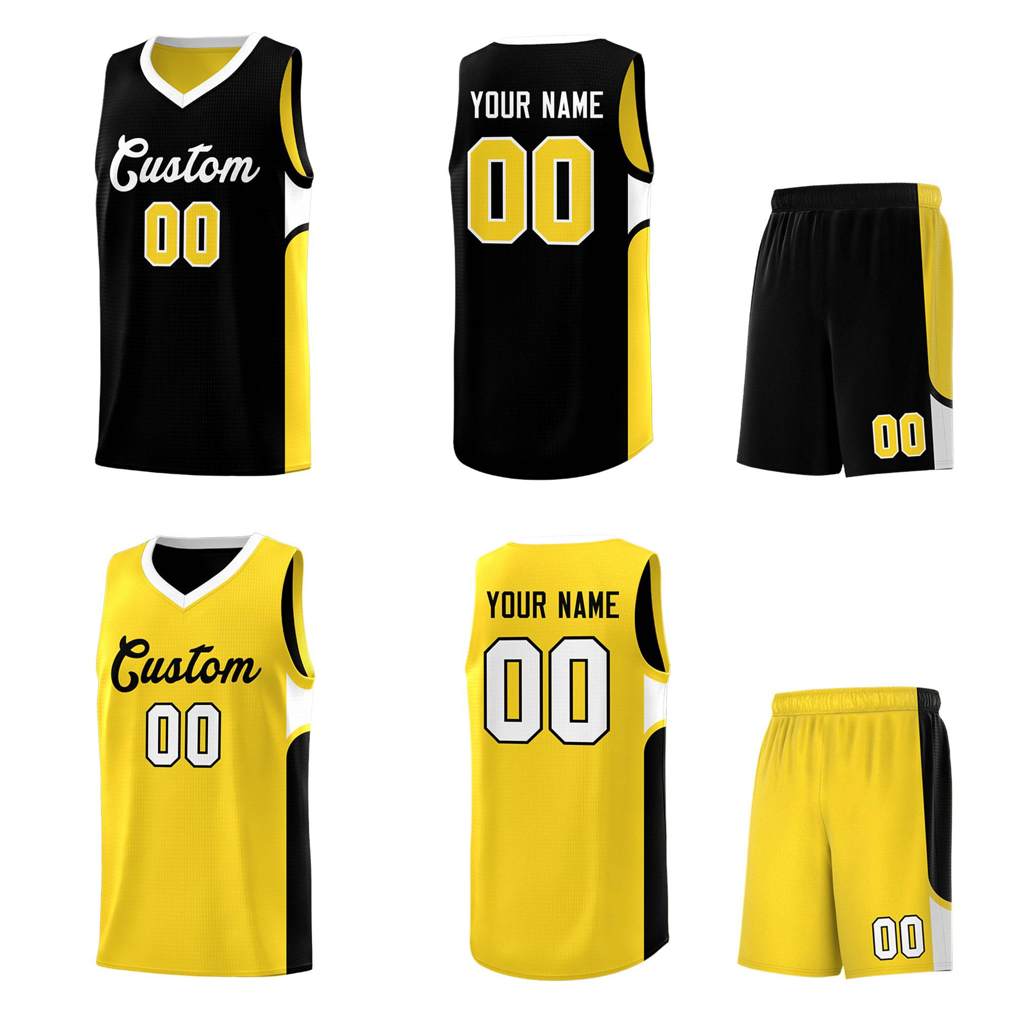 Custom Black Gold Side U-shaped Patttern Double Side Sports Uniform Basketball Jersey