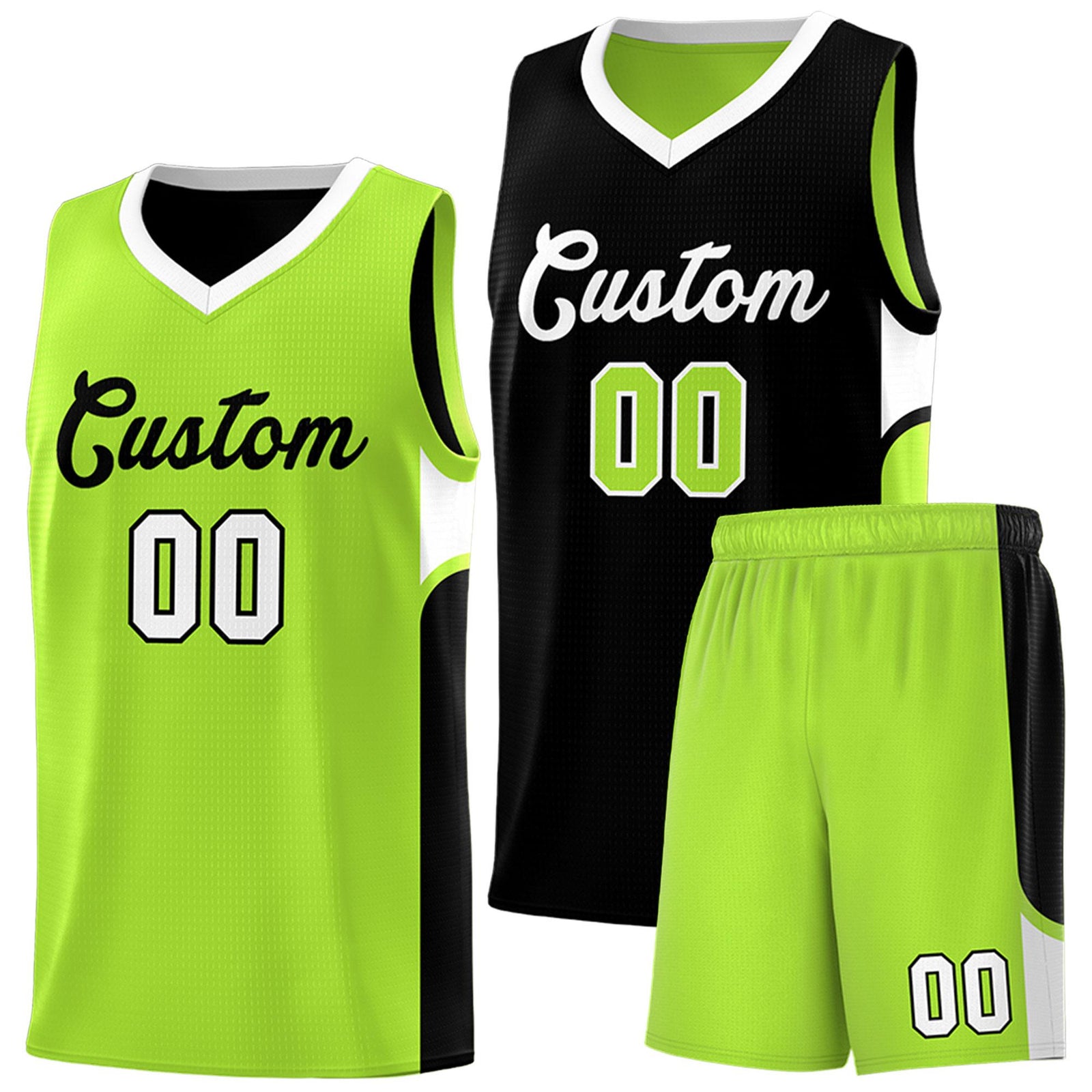 Custom Black Neon Green Side U-shaped Patttern Double Side Sports Uniform Basketball Jersey
