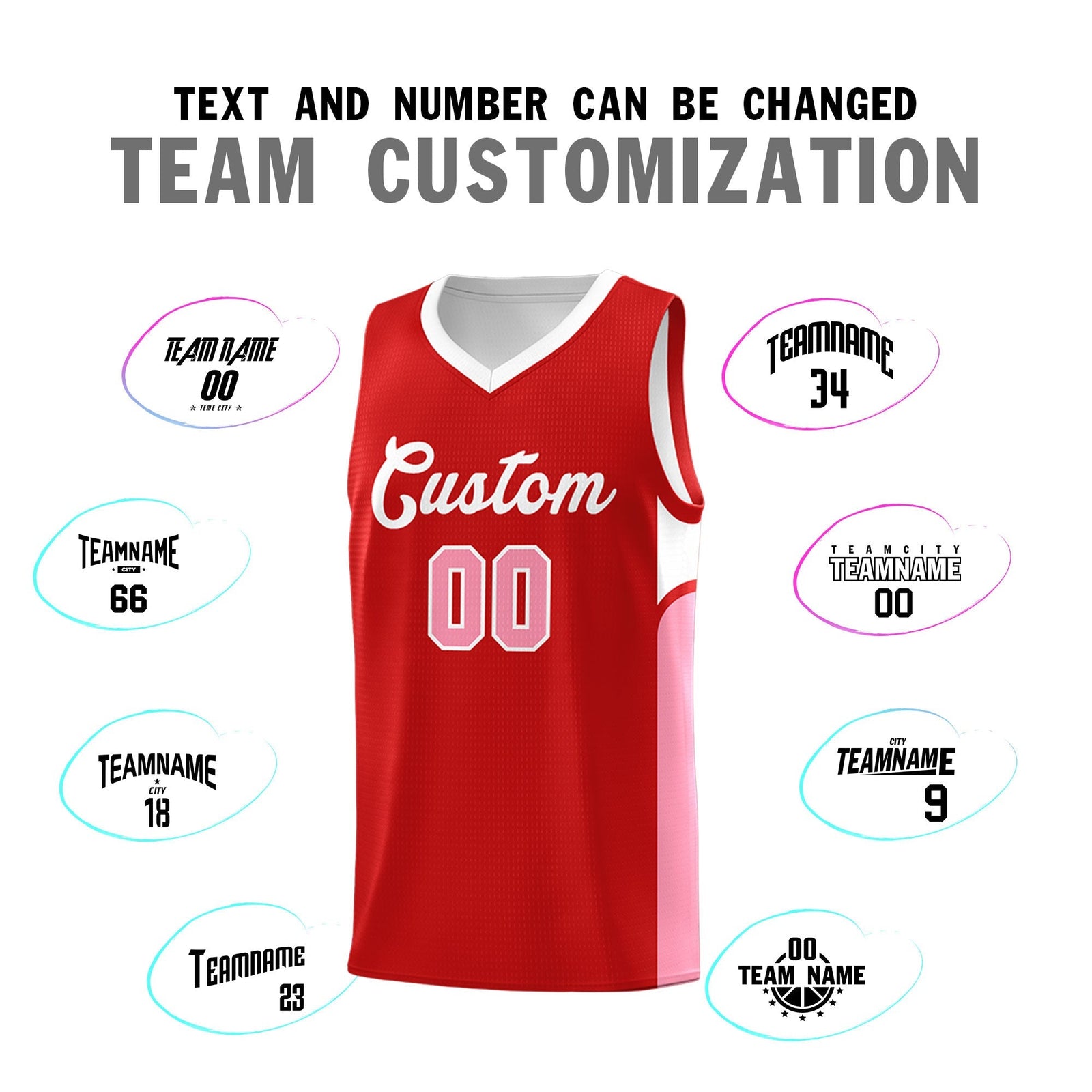 Custom Red White Side U-shaped Patttern Double Side Sports Uniform Basketball Jersey