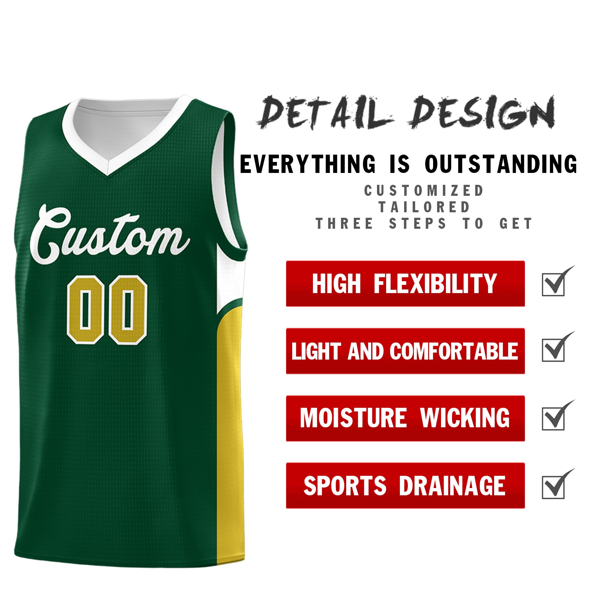 Custom Green White Side U-shaped Patttern Double Side Sports Uniform Basketball Jersey