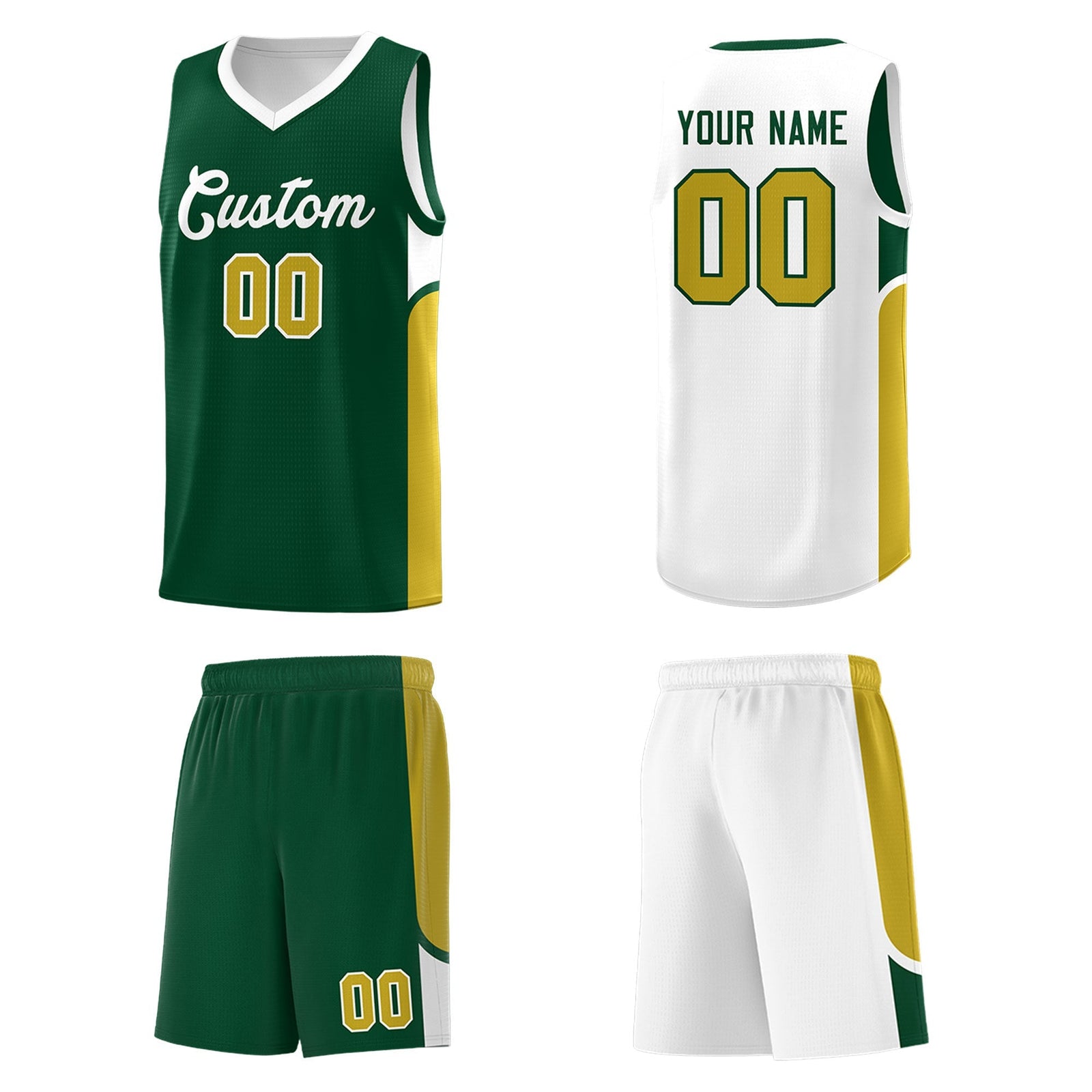 Custom Green White Side U-shaped Patttern Double Side Sports Uniform Basketball Jersey