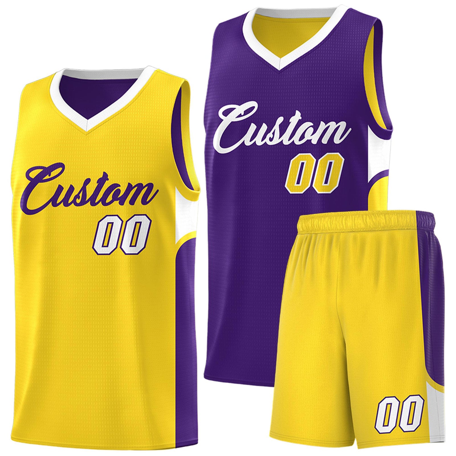 Custom Purple Gold Side U-shaped Patttern Double Side Sports Uniform Basketball Jersey