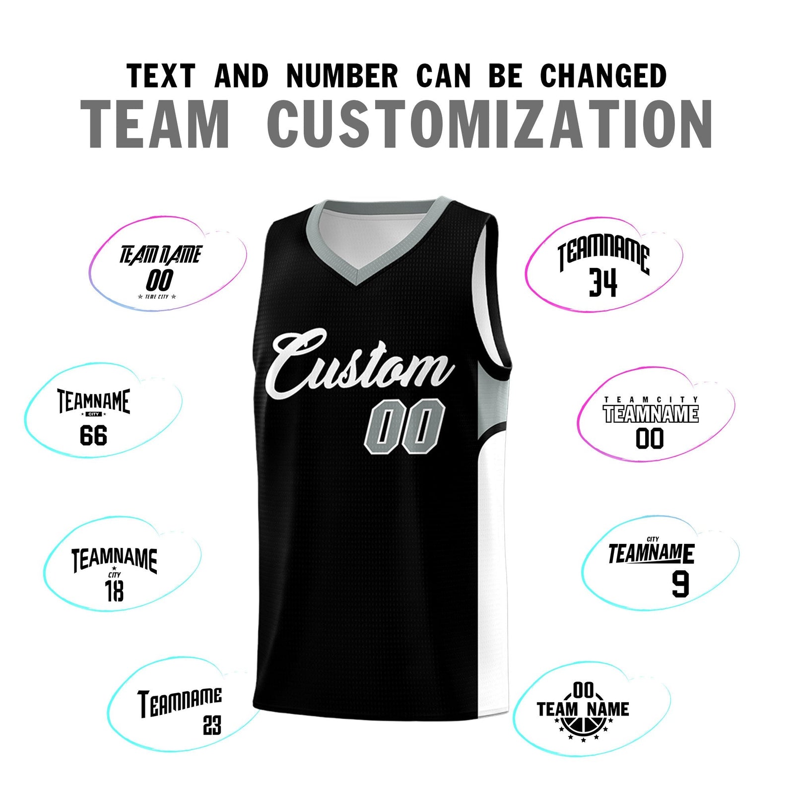 Custom Black White Side U-shaped Patttern Double Side Sports Uniform Basketball Jersey