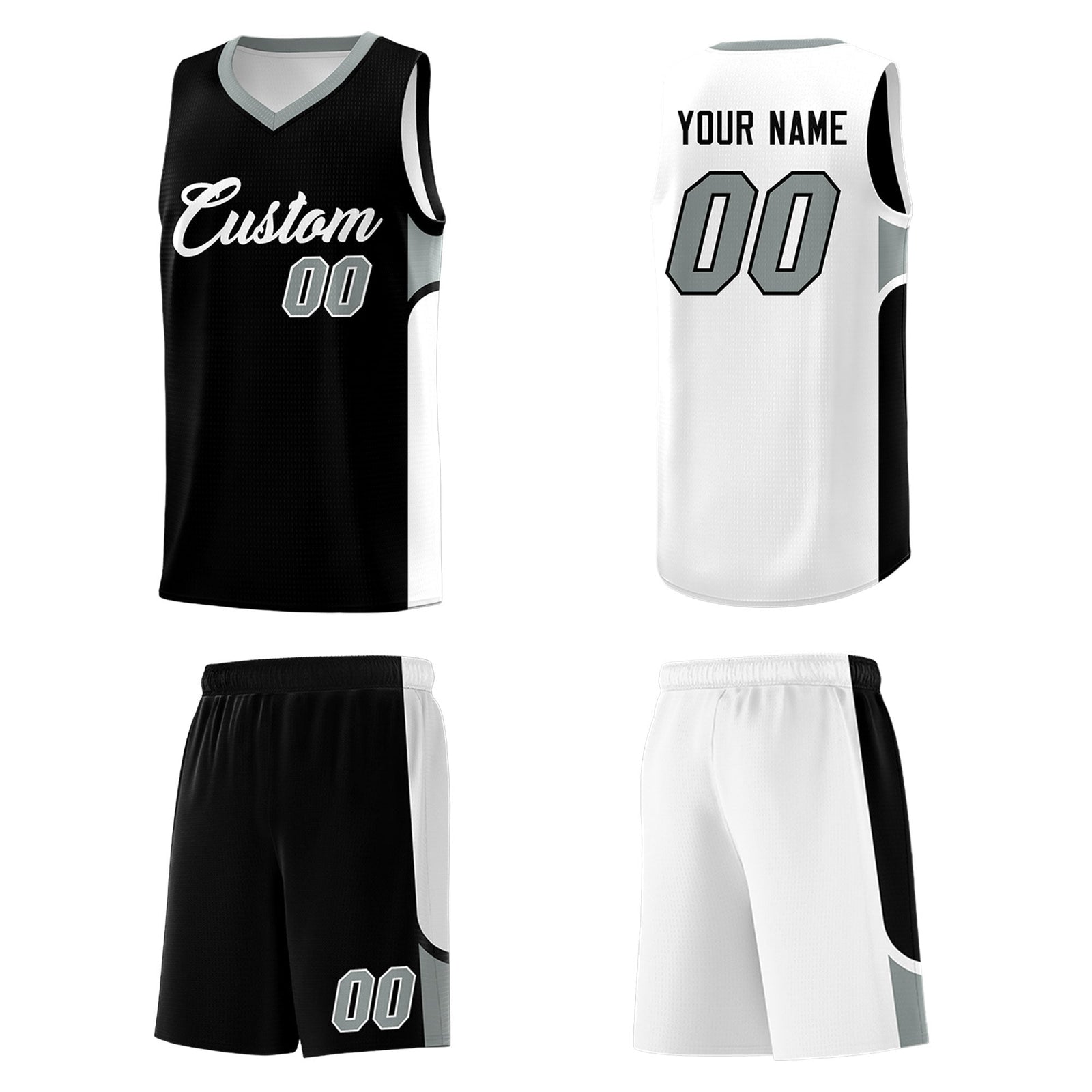 Custom Black White Side U-shaped Patttern Double Side Sports Uniform Basketball Jersey