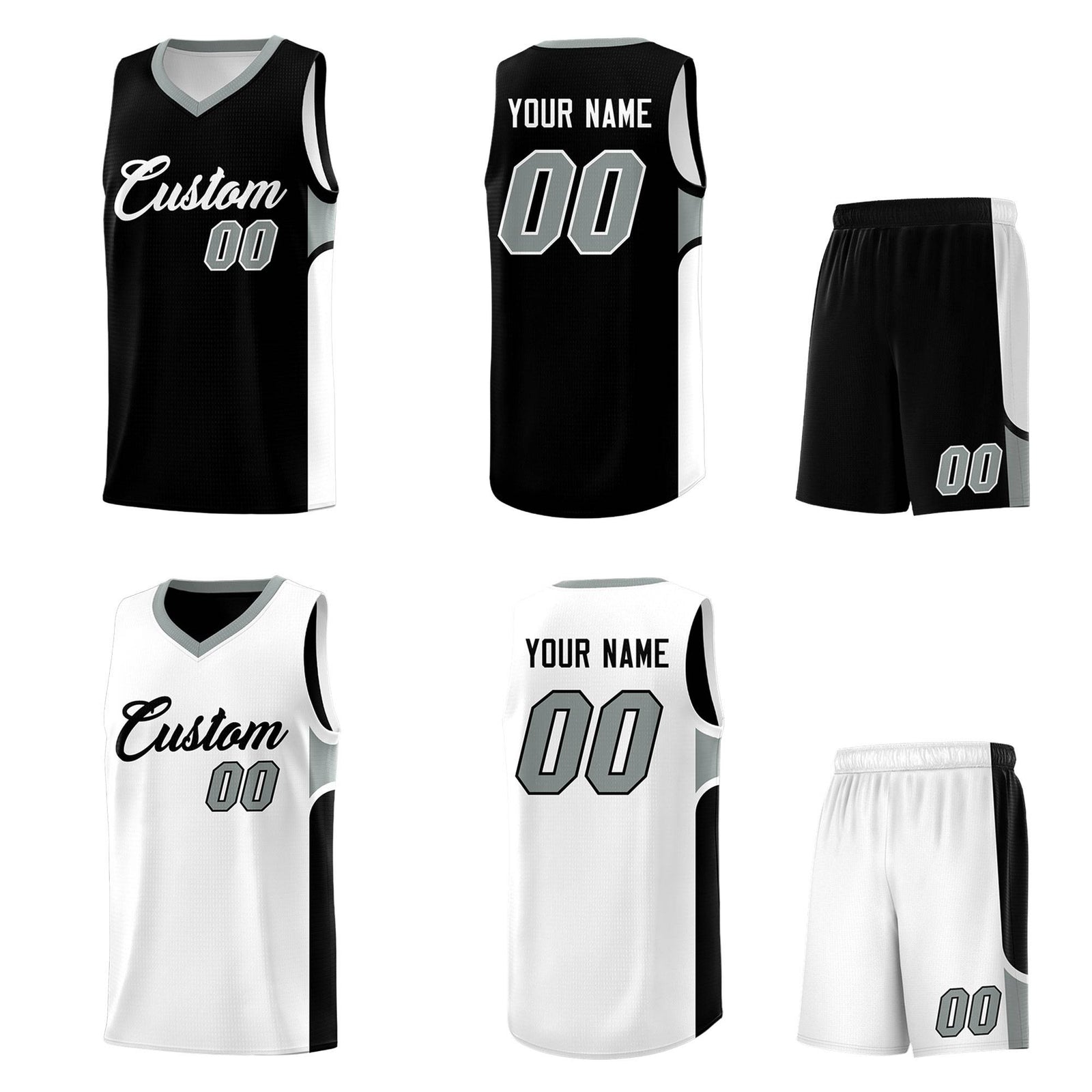 Custom Black White Side U-shaped Patttern Double Side Sports Uniform Basketball Jersey