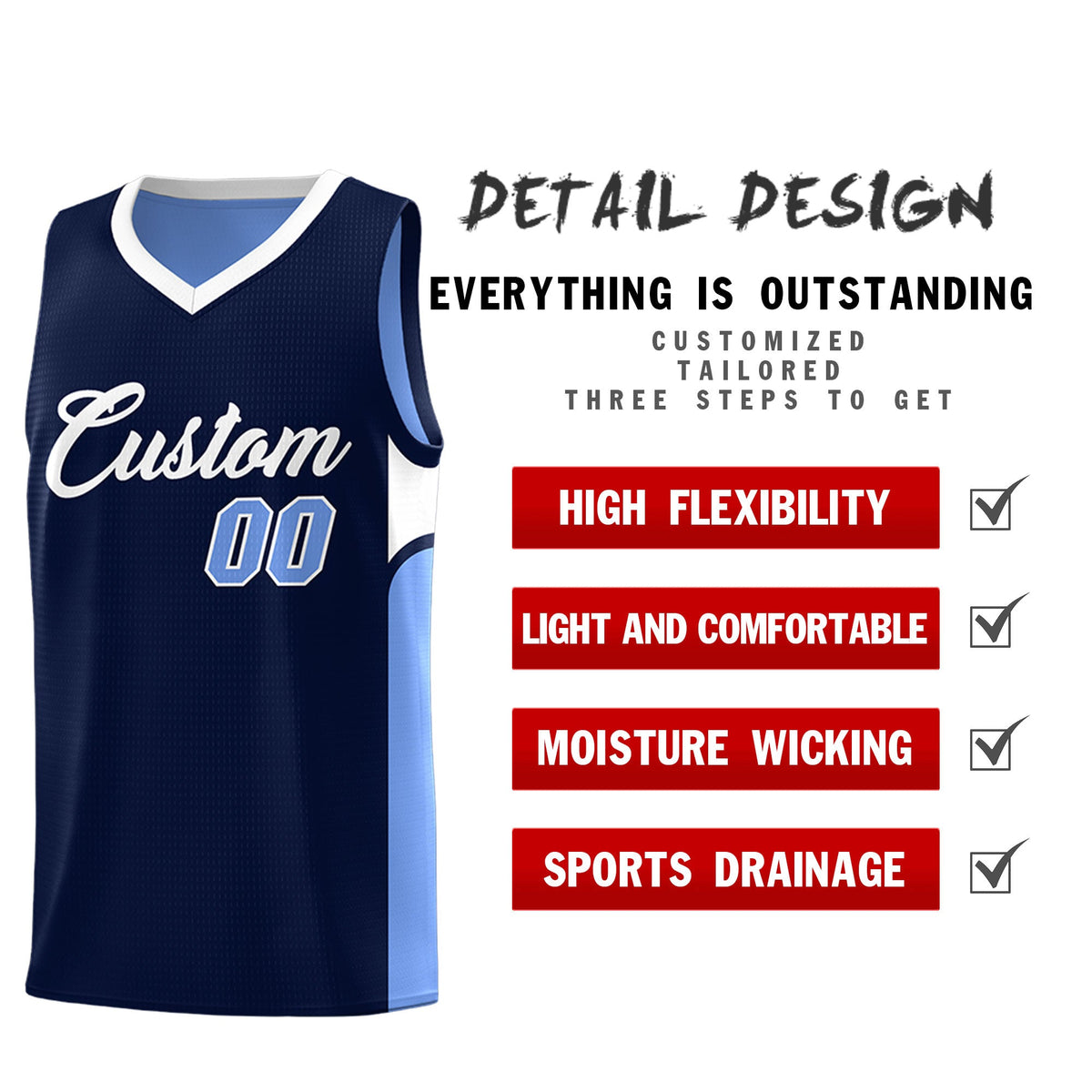 Custom Navy Light Blue Side U-shaped Patttern Double Side Sports Uniform Basketball Jersey
