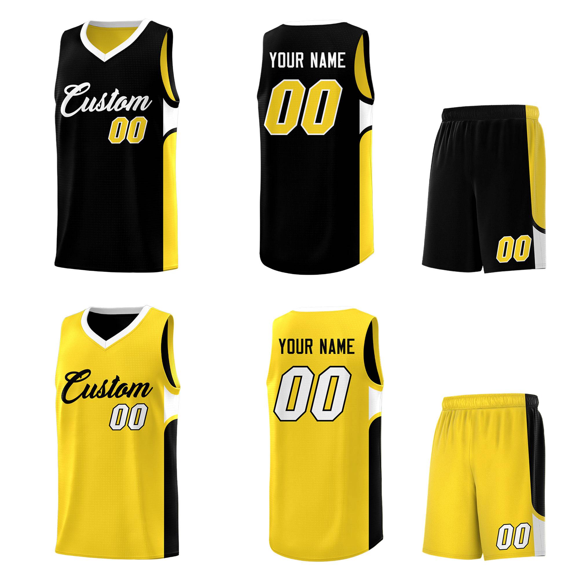 Custom Black Gold Side U-shaped Patttern Double Side Sports Uniform Basketball Jersey