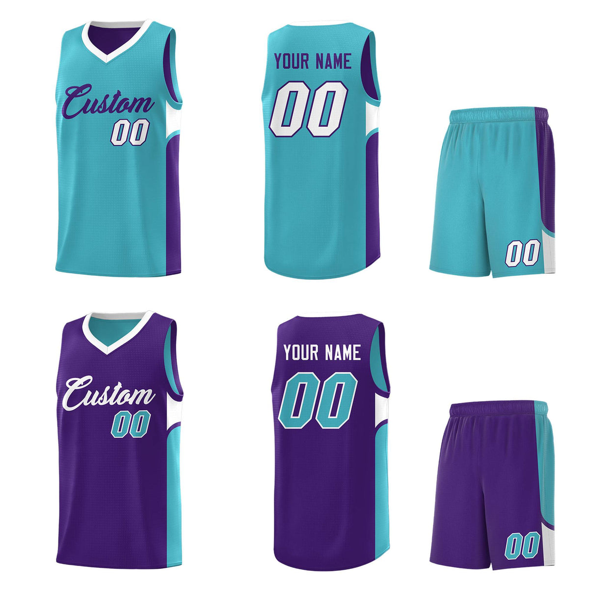 Custom Sky Blue Purple Side U-shaped Patttern Double Side Sports Uniform Basketball Jersey