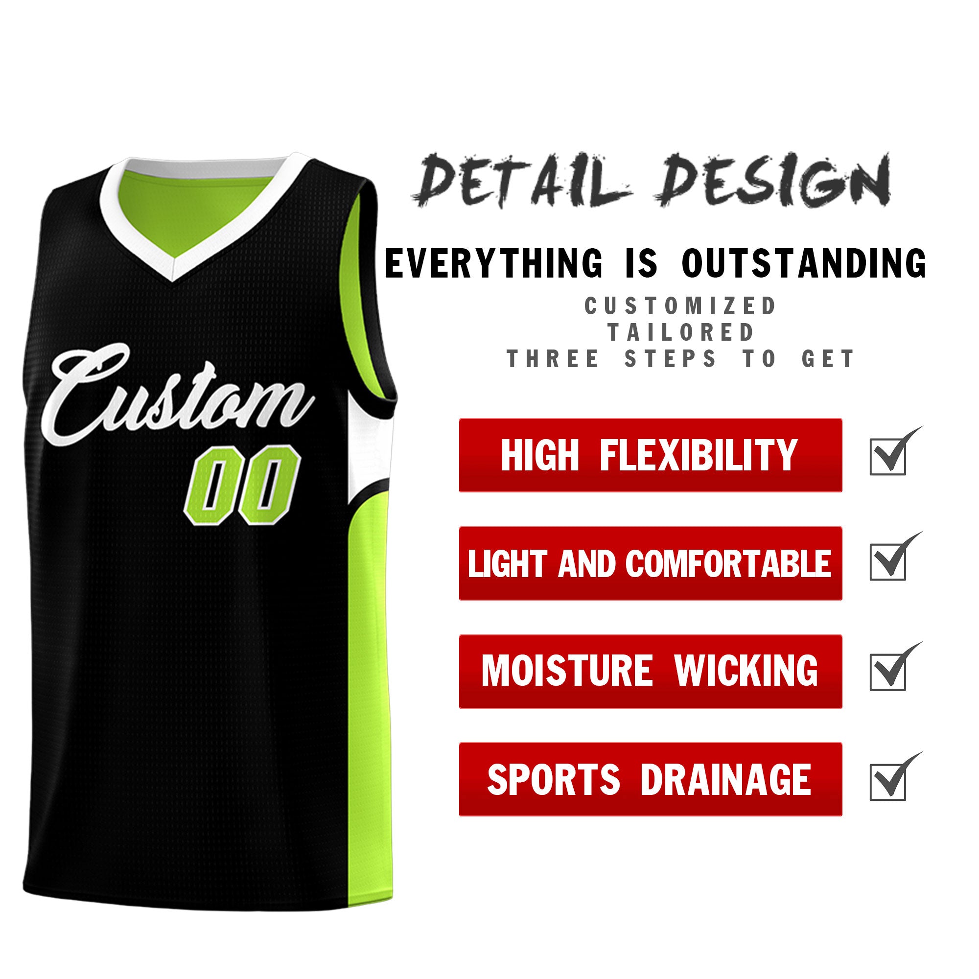 Custom Black Neon Green Side U-shaped Patttern Double Side Sports Uniform Basketball Jersey