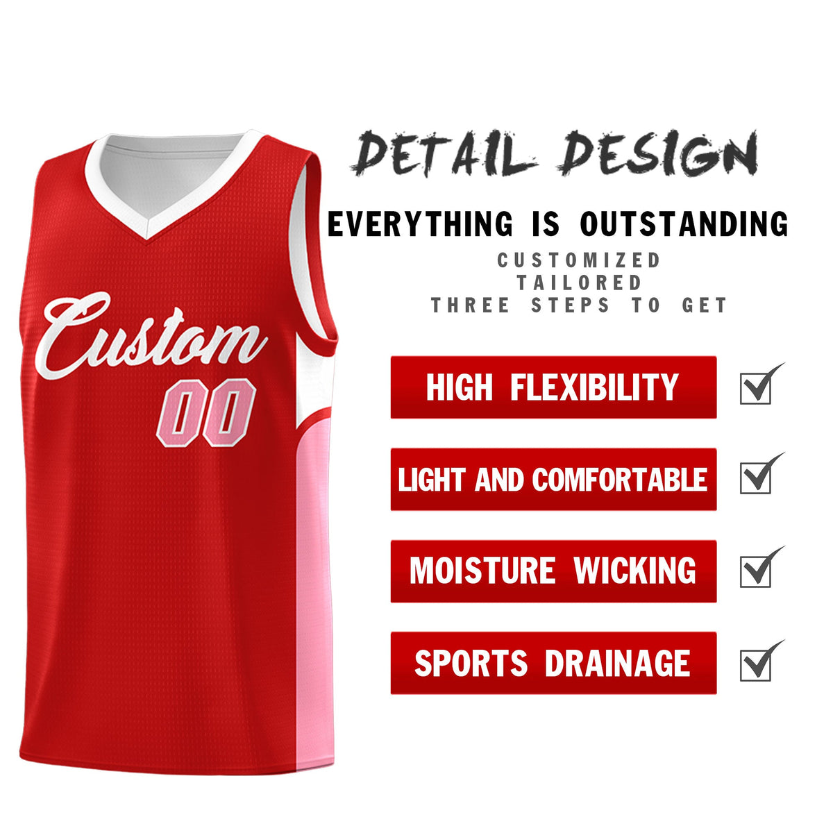 Custom Red White Side U-shaped Patttern Double Side Sports Uniform Basketball Jersey