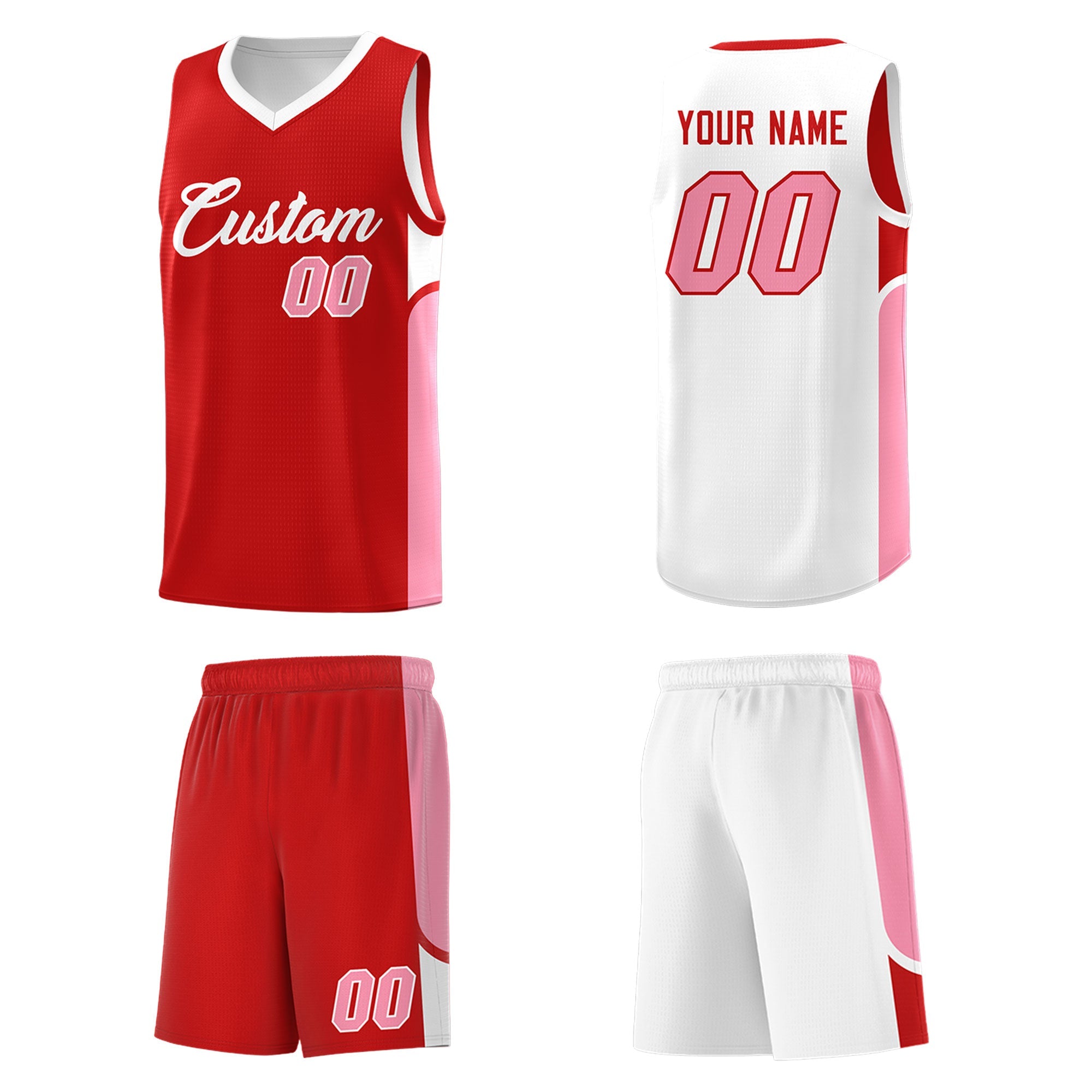 Custom Red White Side U-shaped Patttern Double Side Sports Uniform Basketball Jersey