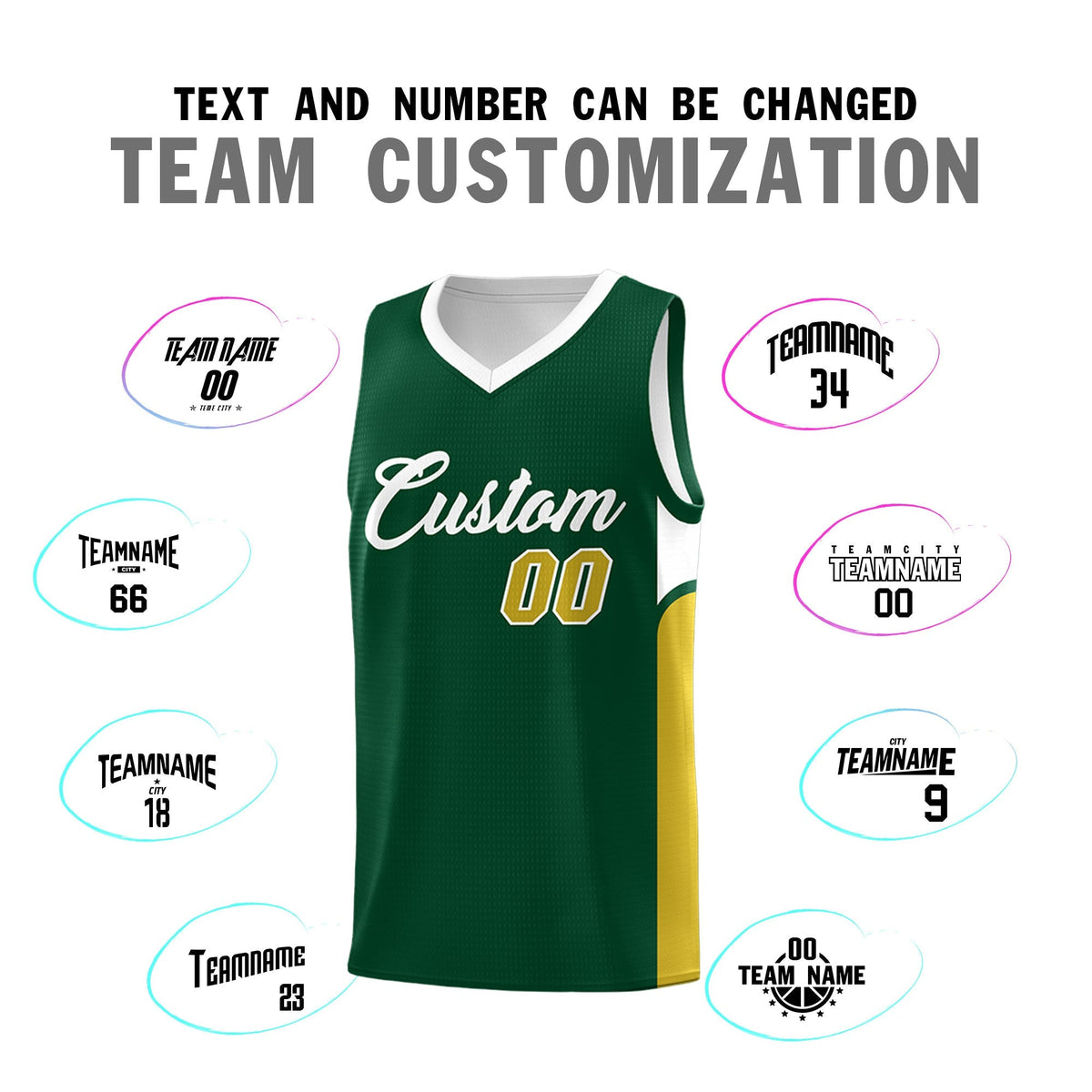 Custom Green White Side U-shaped Patttern Double Side Sports Uniform Basketball Jersey