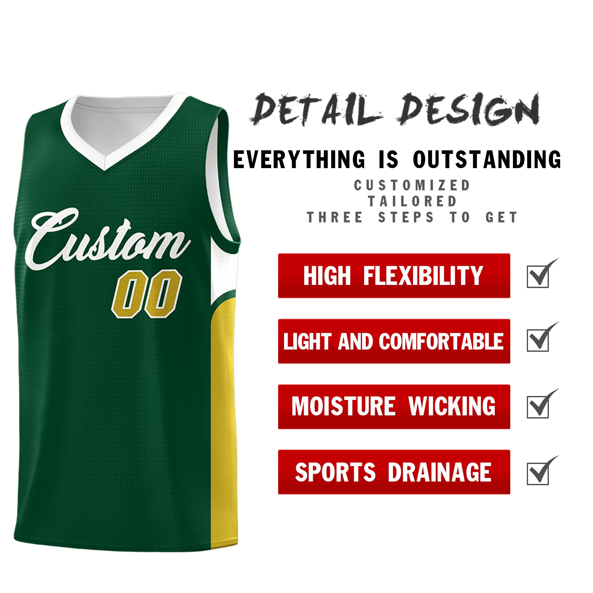 Custom Green White Side U-shaped Patttern Double Side Sports Uniform Basketball Jersey