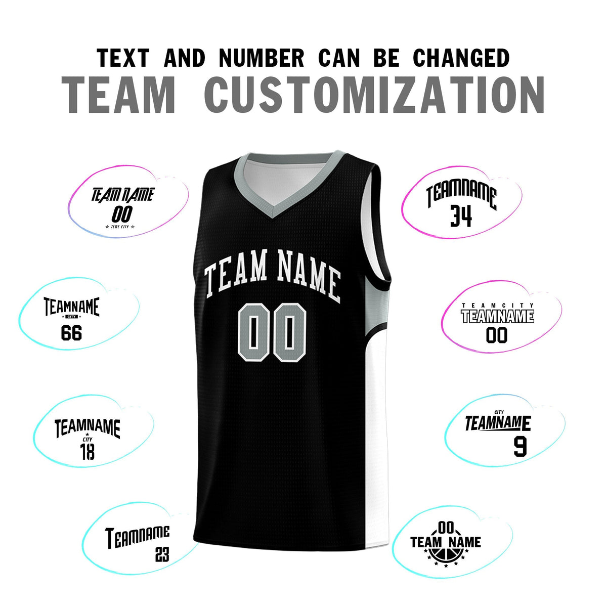 Custom Black White Side U-shaped Patttern Double Side Sports Uniform Basketball Jersey