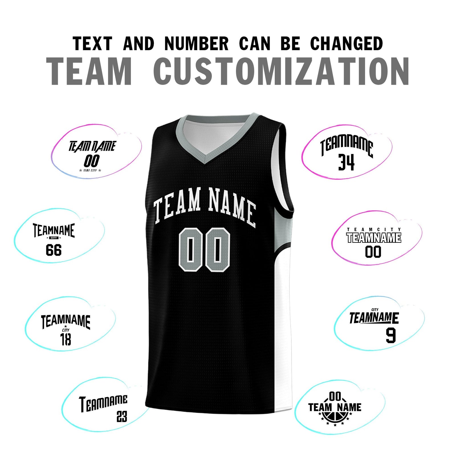 Custom Black White Side U-shaped Patttern Double Side Sports Uniform Basketball Jersey