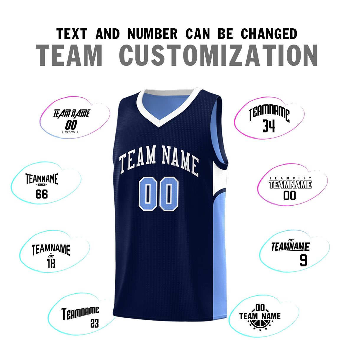 Custom Navy Light Blue Side U-shaped Patttern Double Side Sports Uniform Basketball Jersey